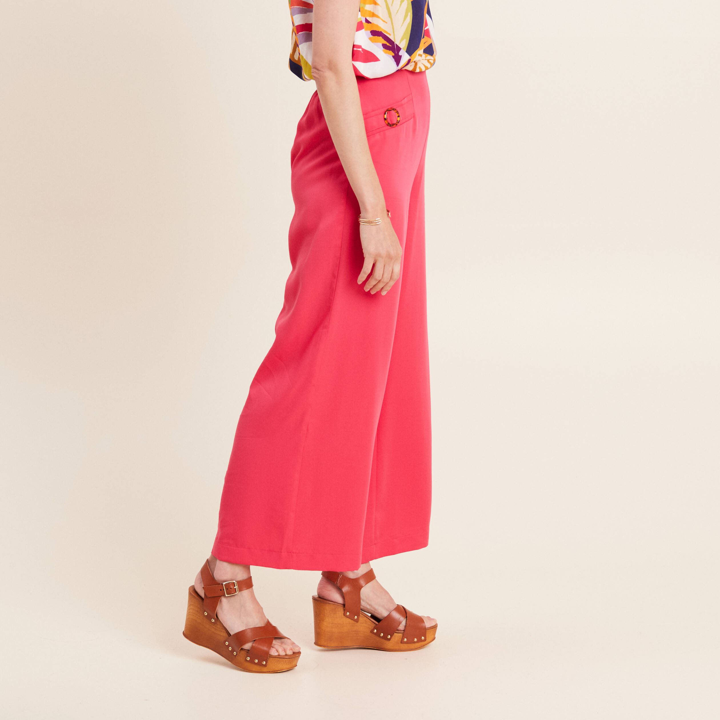 Pantalon large avec boucles rose framboise femme