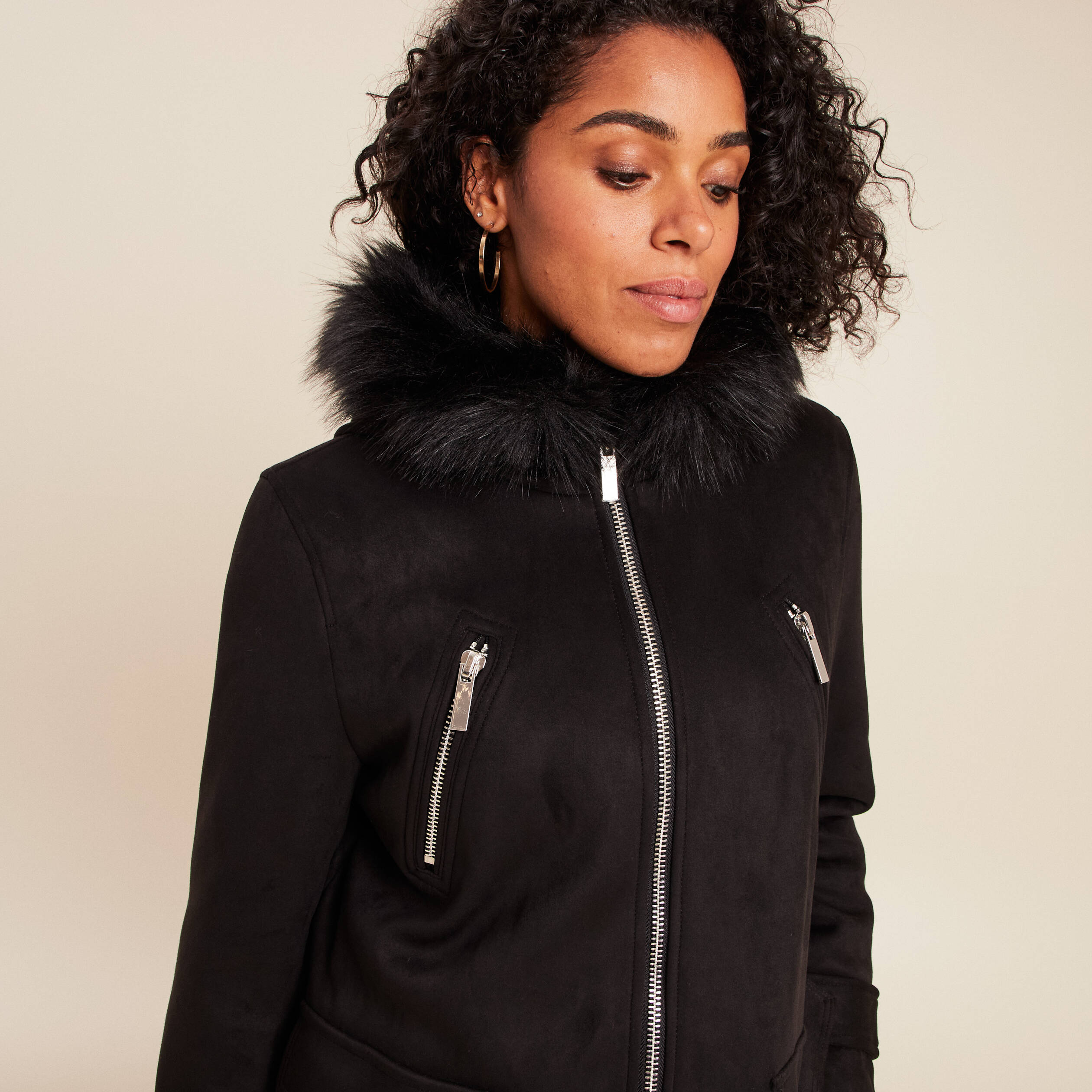 Manteau cintré mi-long à capuche noir femme Bréal