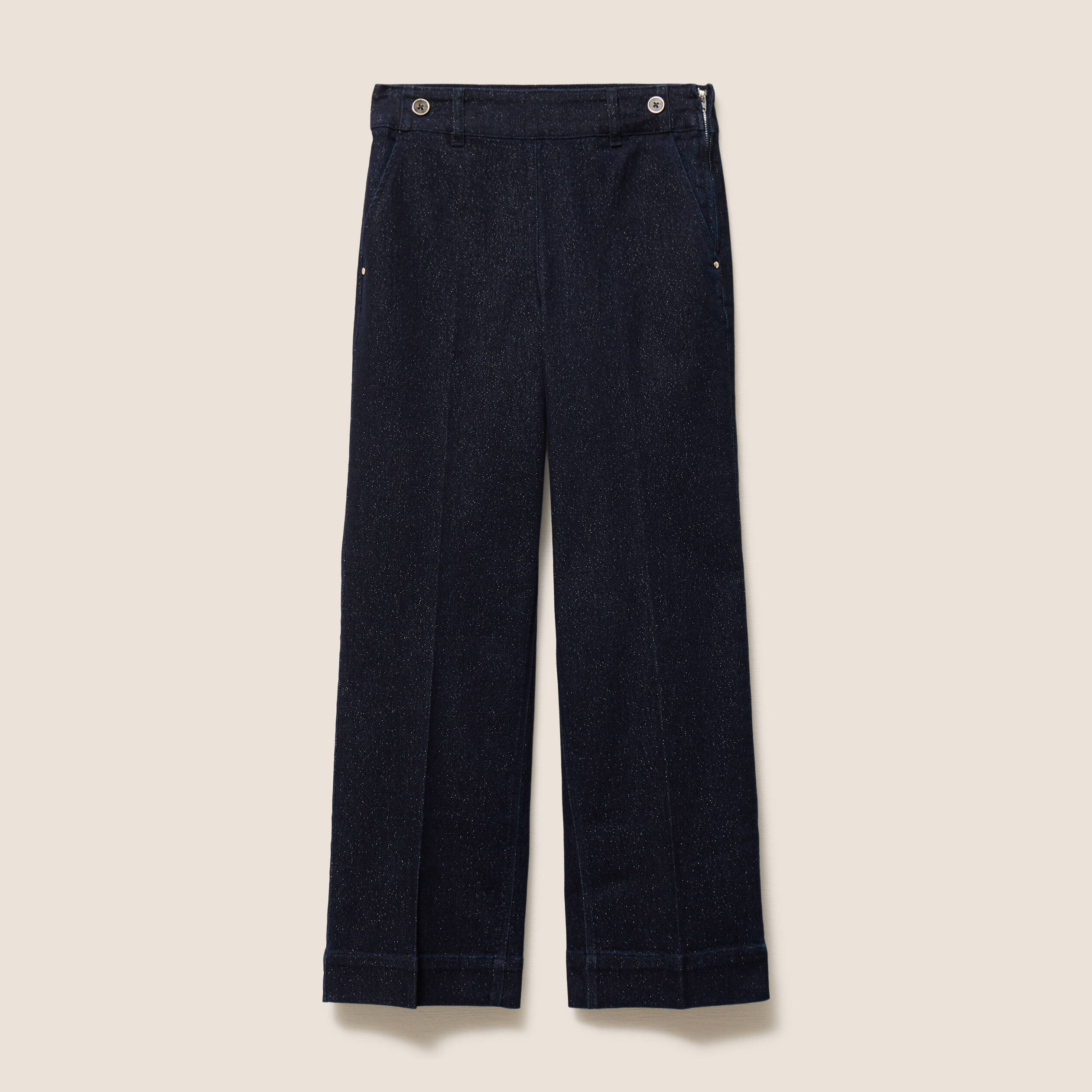 Jean large taille haute &agrave; paillettes denim brut femme
