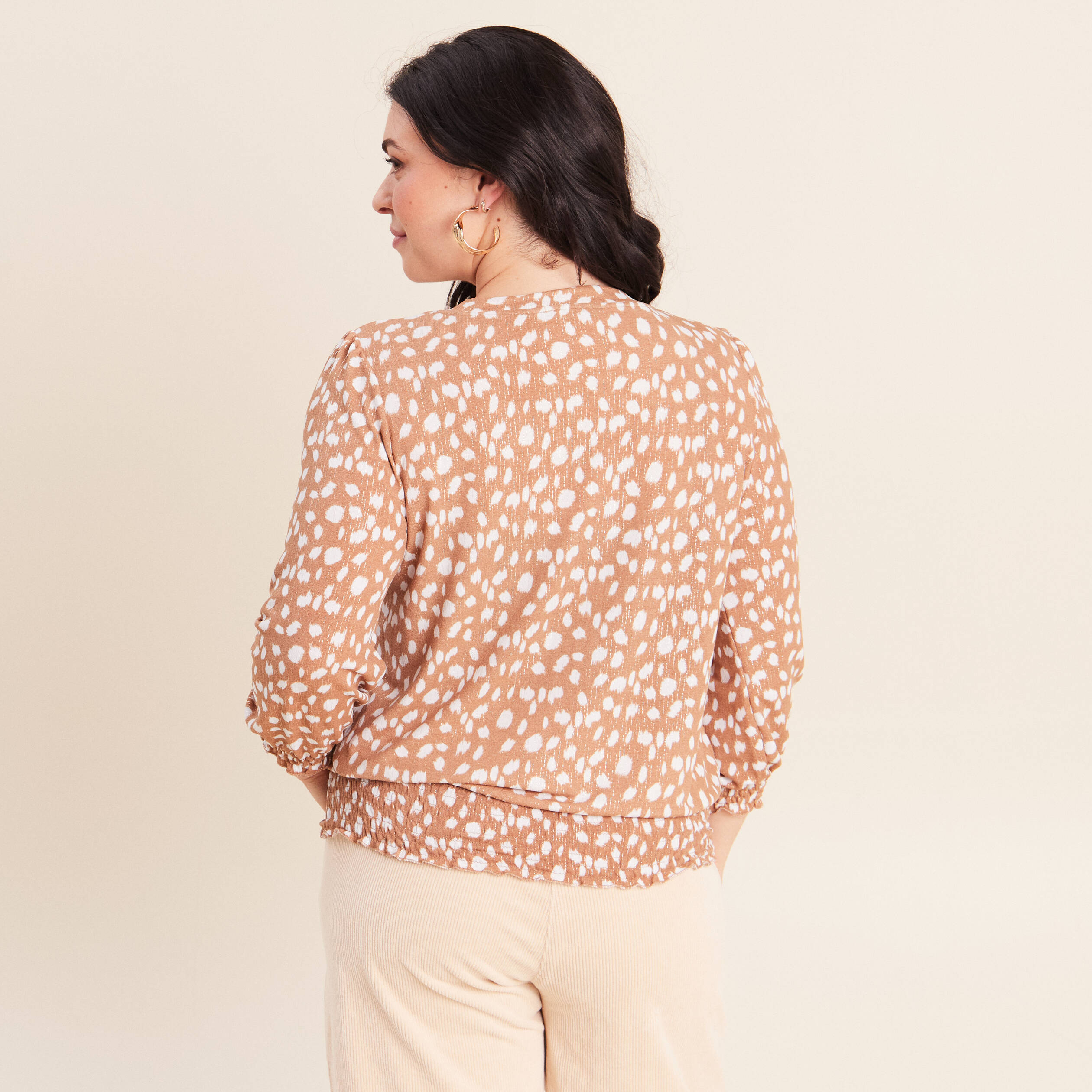 T-shirt col rond manches 3/4 marron femme