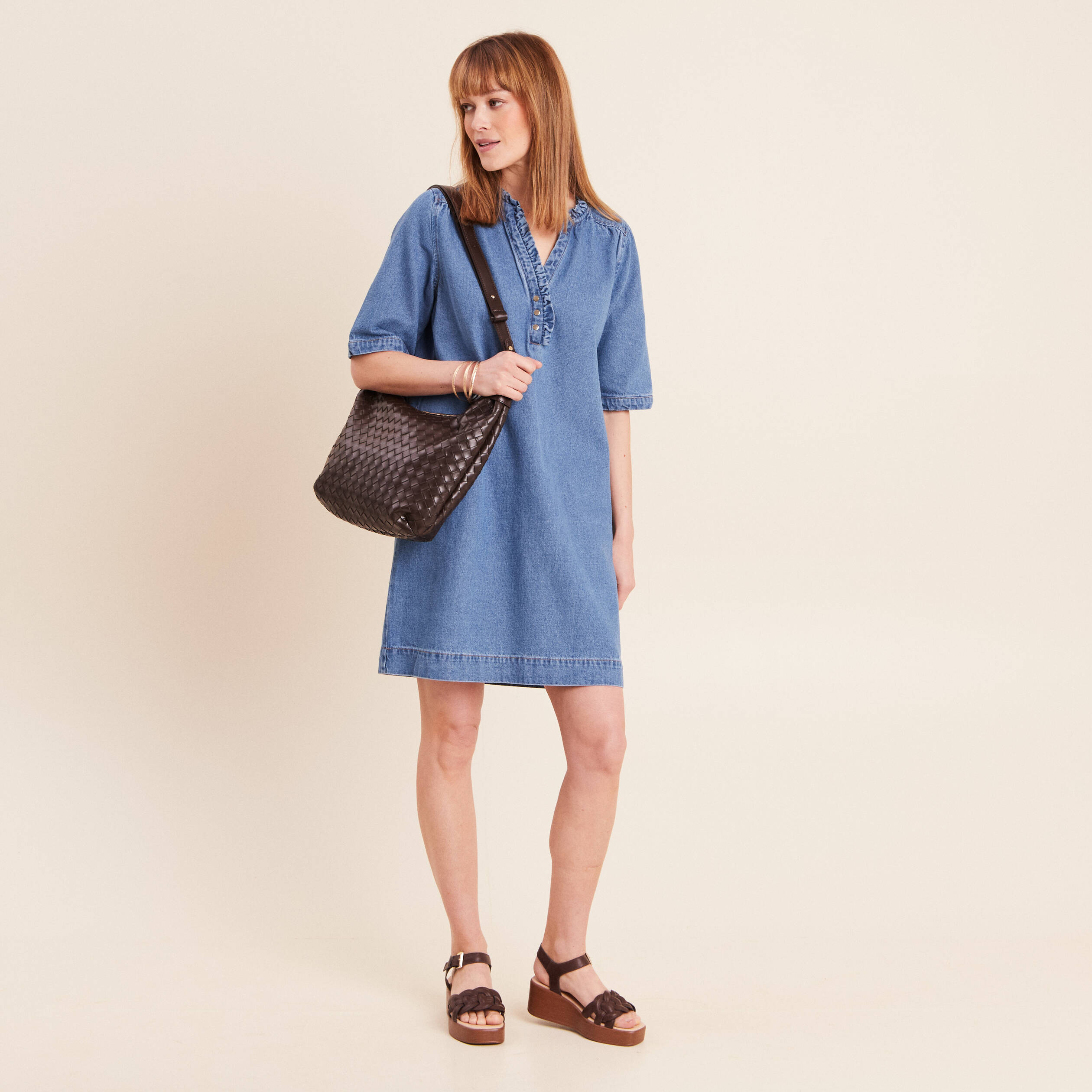 Robe courte &eacute;vas&eacute;e jean col montant denim double stone femme