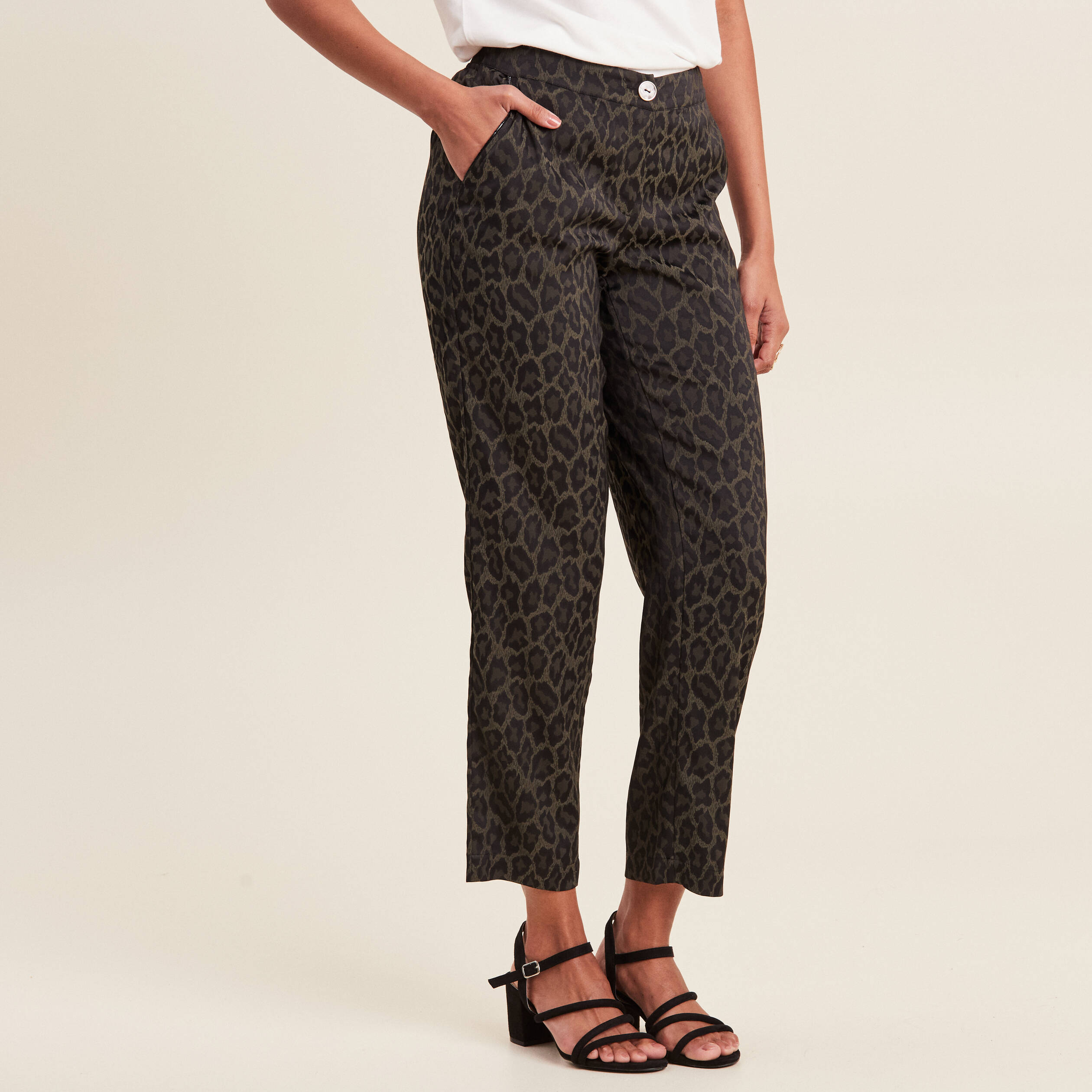 Pantalon flou taille bascul&eacute;e vert kaki femme