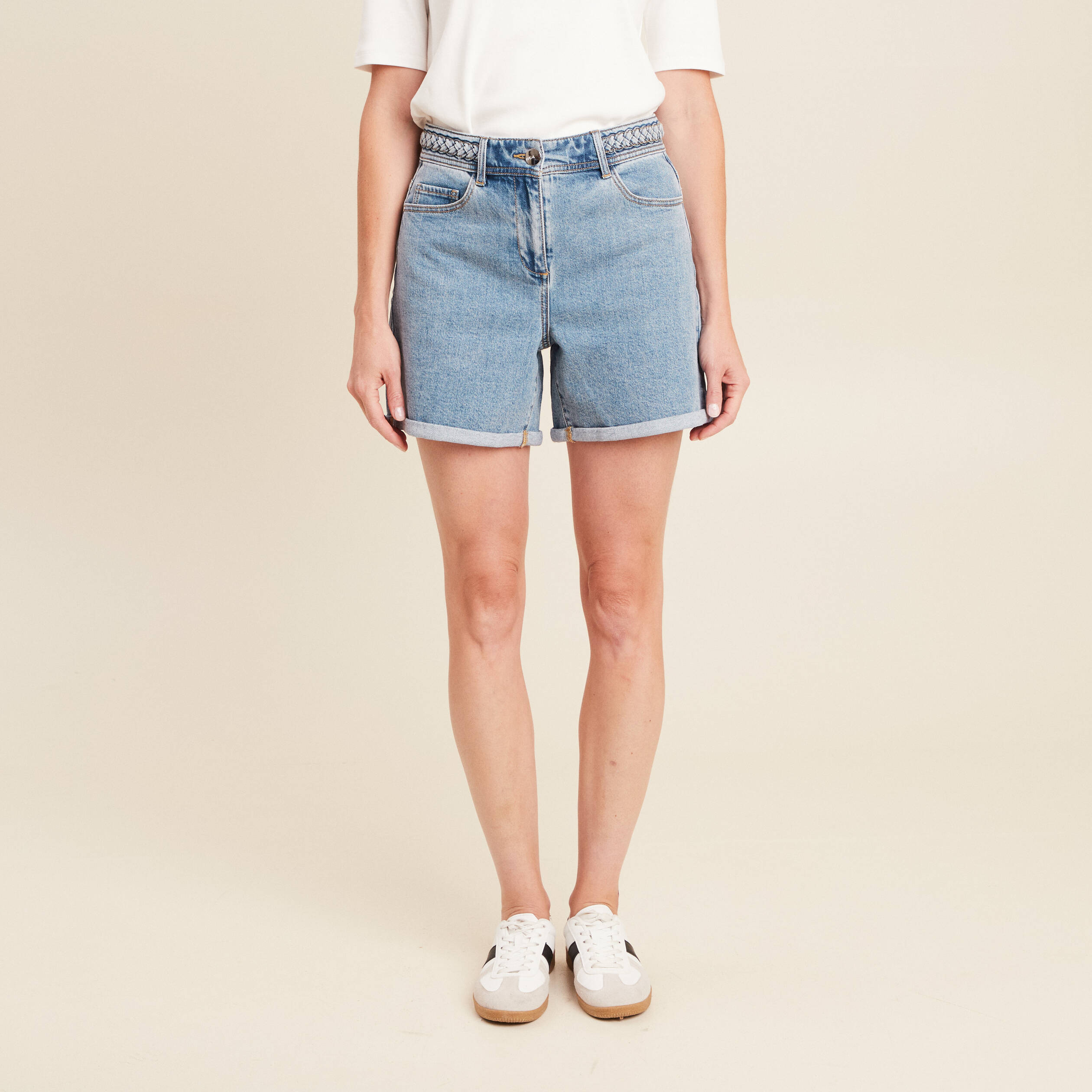 Short large taille haute en jean denim double stone femme