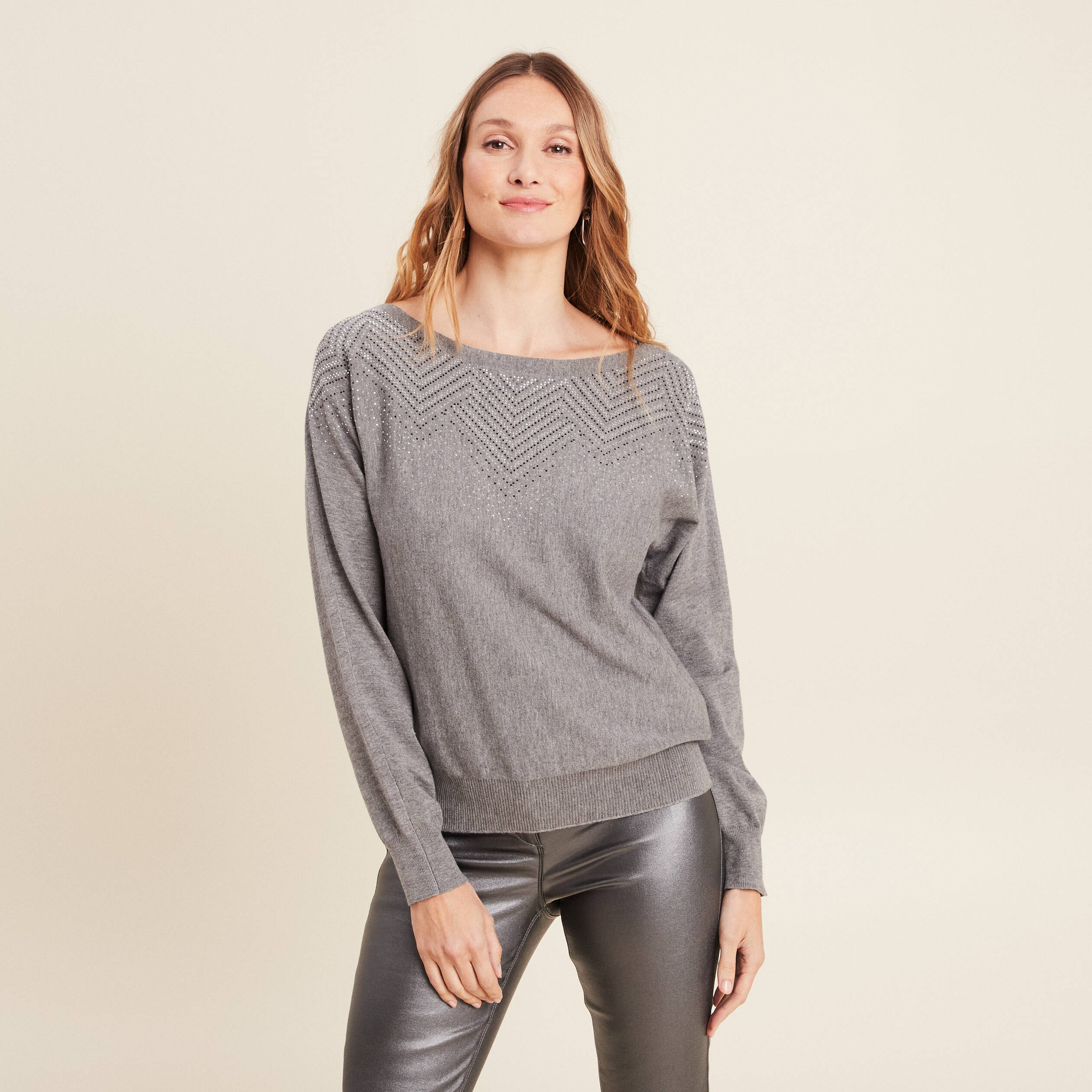 Pull manches longues strass gris clair femme