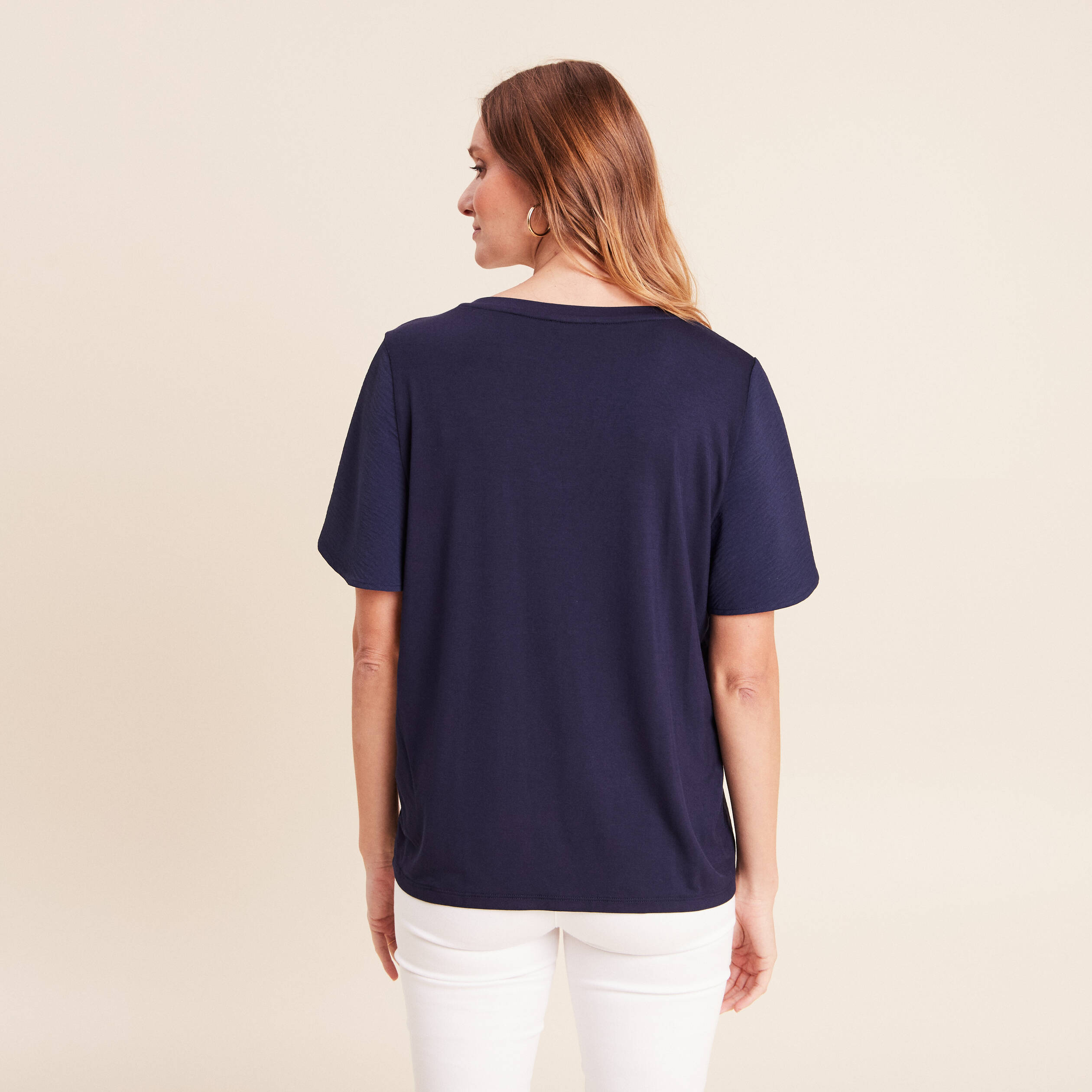 T-shirt bi-mati&egrave;re manches courtes bleu marine femme