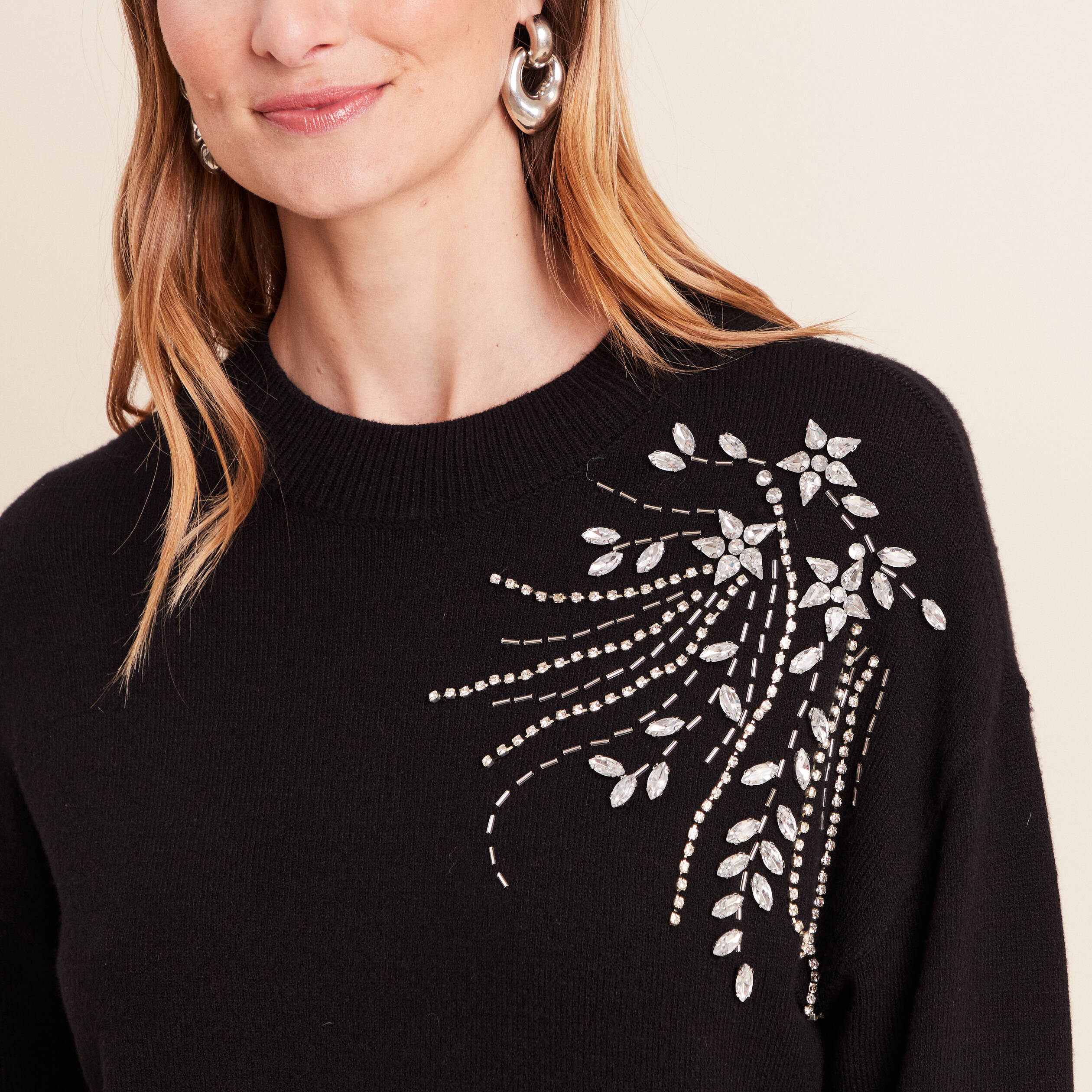 Pull col montant manches longues strass noir femme