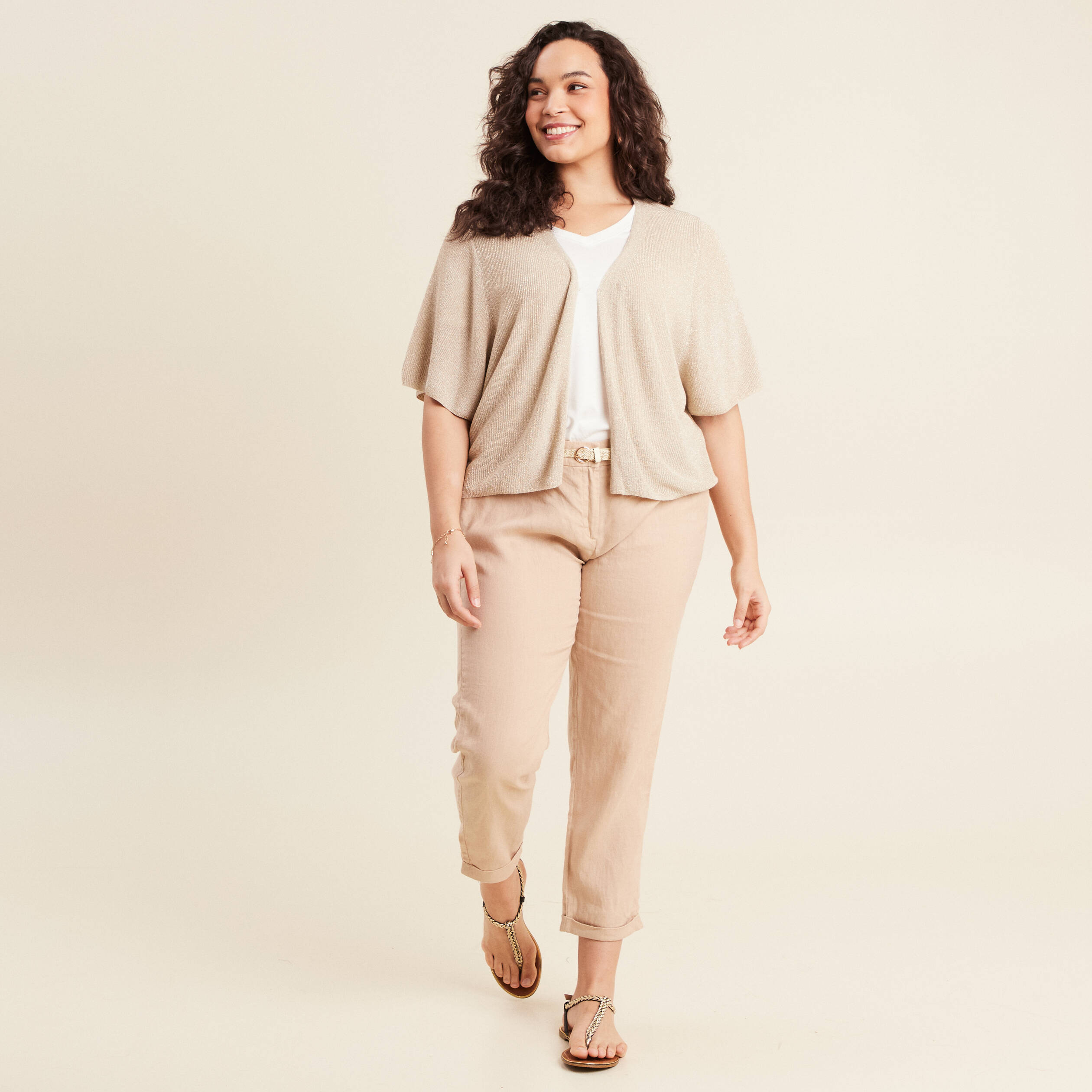 Pantalon flou ceinturé sable femme