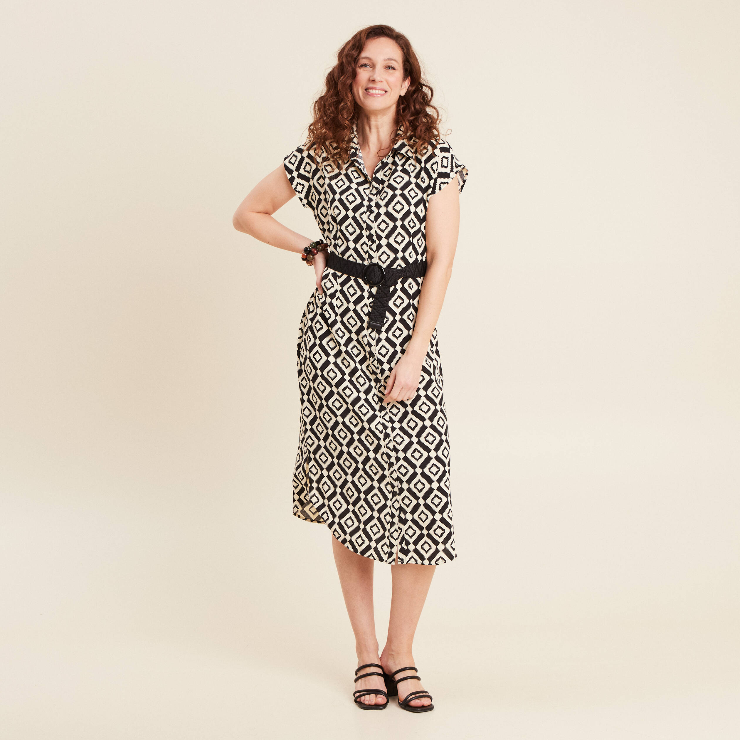 Robe longue droite ceinturée noir femme