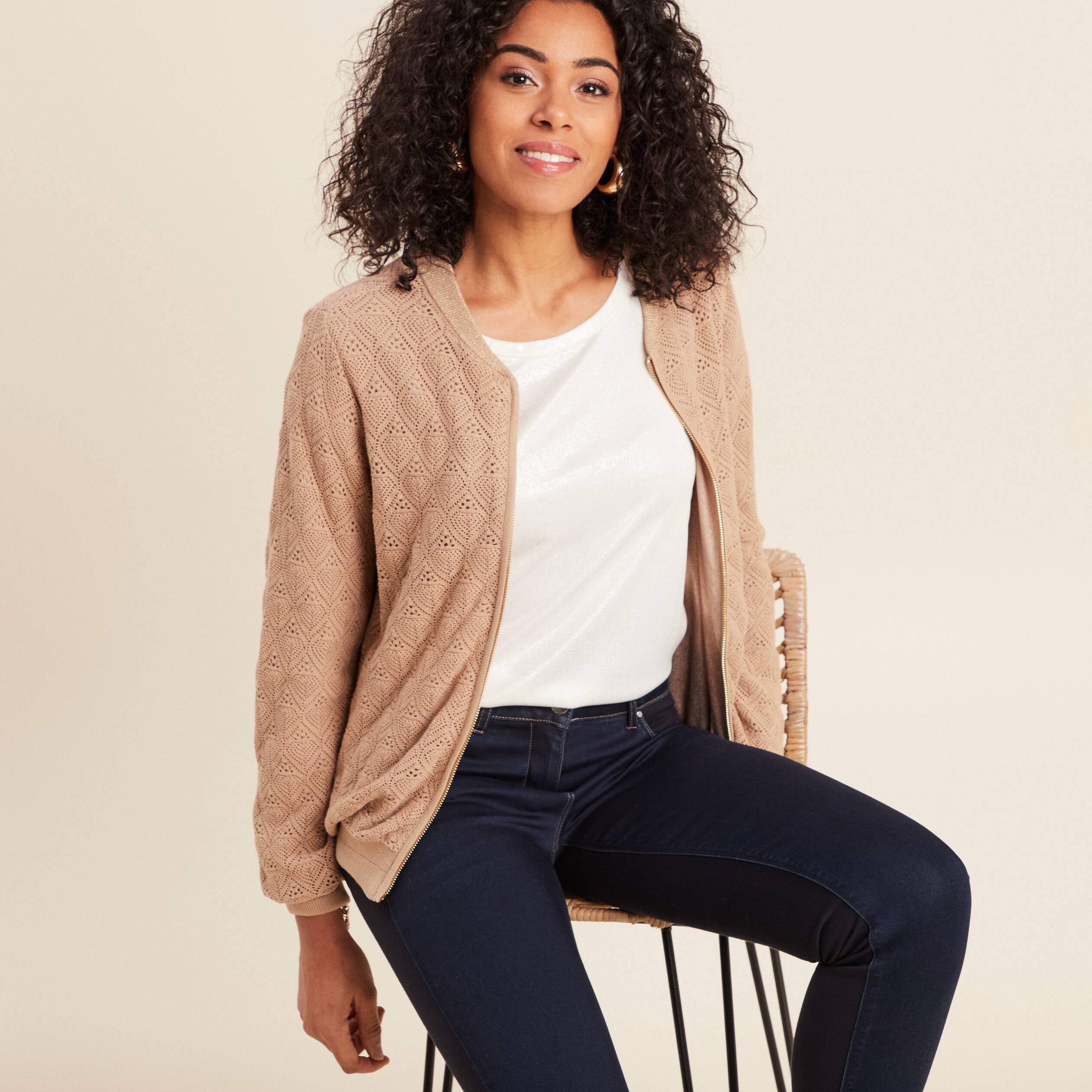 Gilet r&eacute;versible ajour&eacute; sable femme