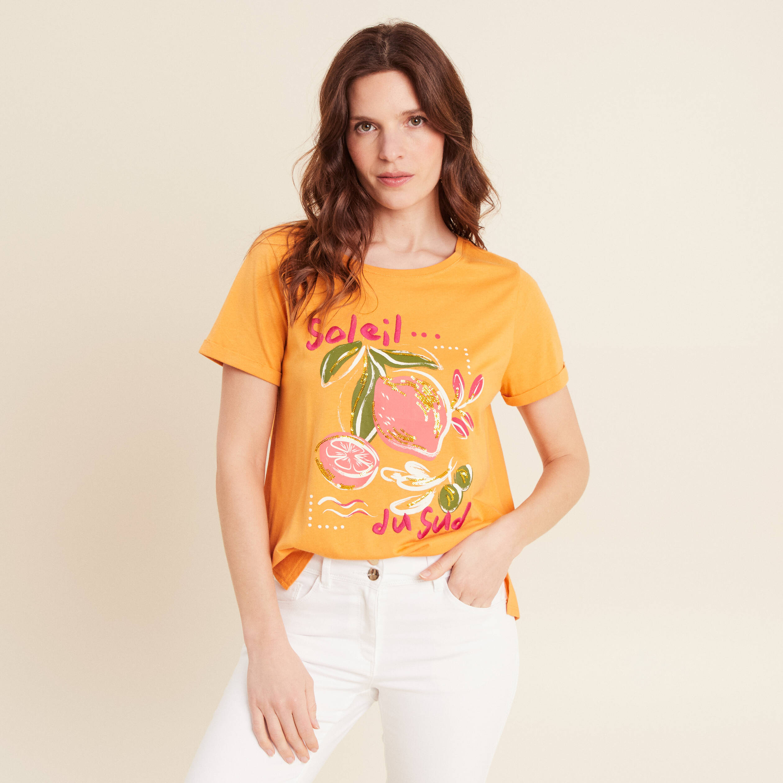 T-shirt manches courtes orange clair femme