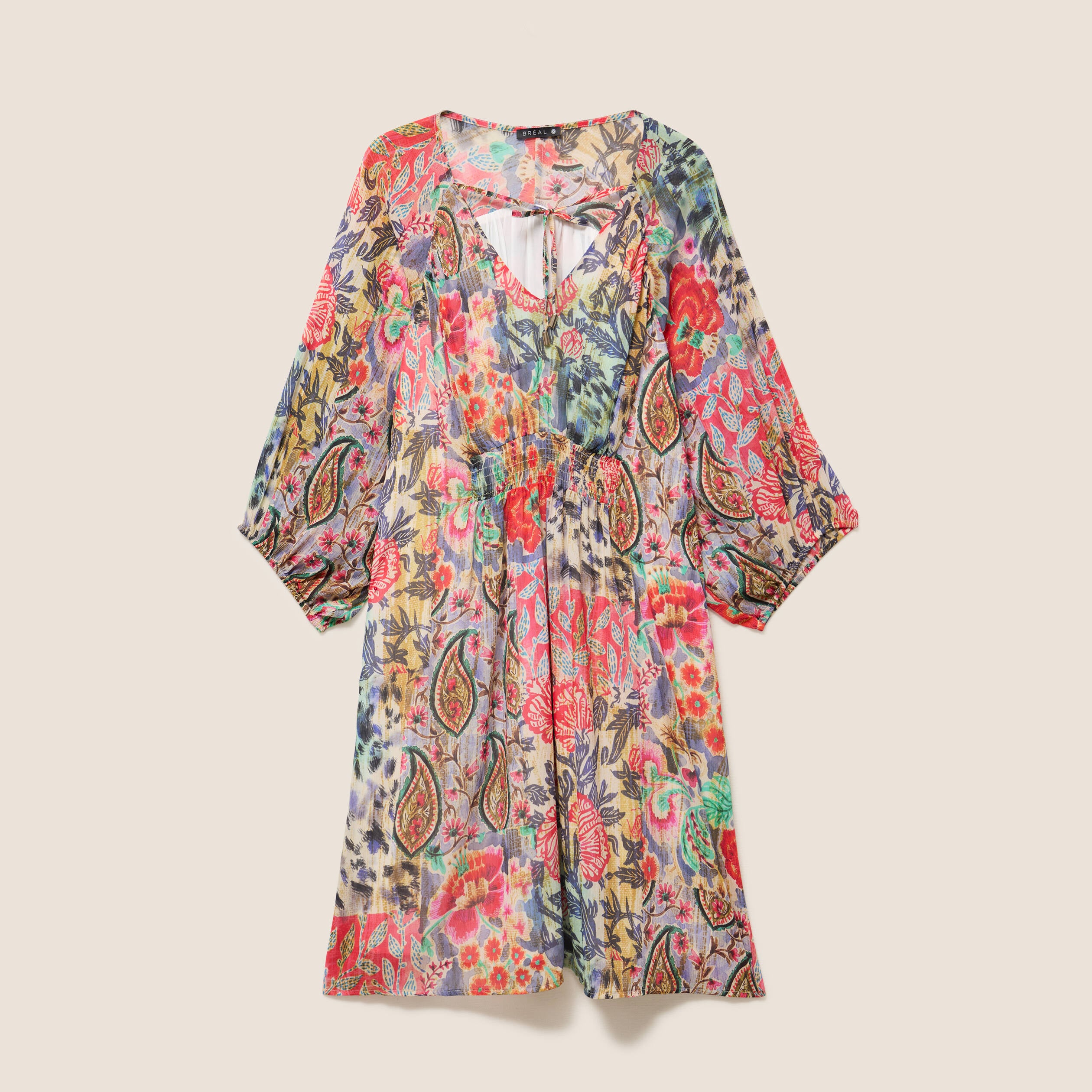 Robe courte &eacute;vas&eacute;e col v manches 3/4 multicolore femme