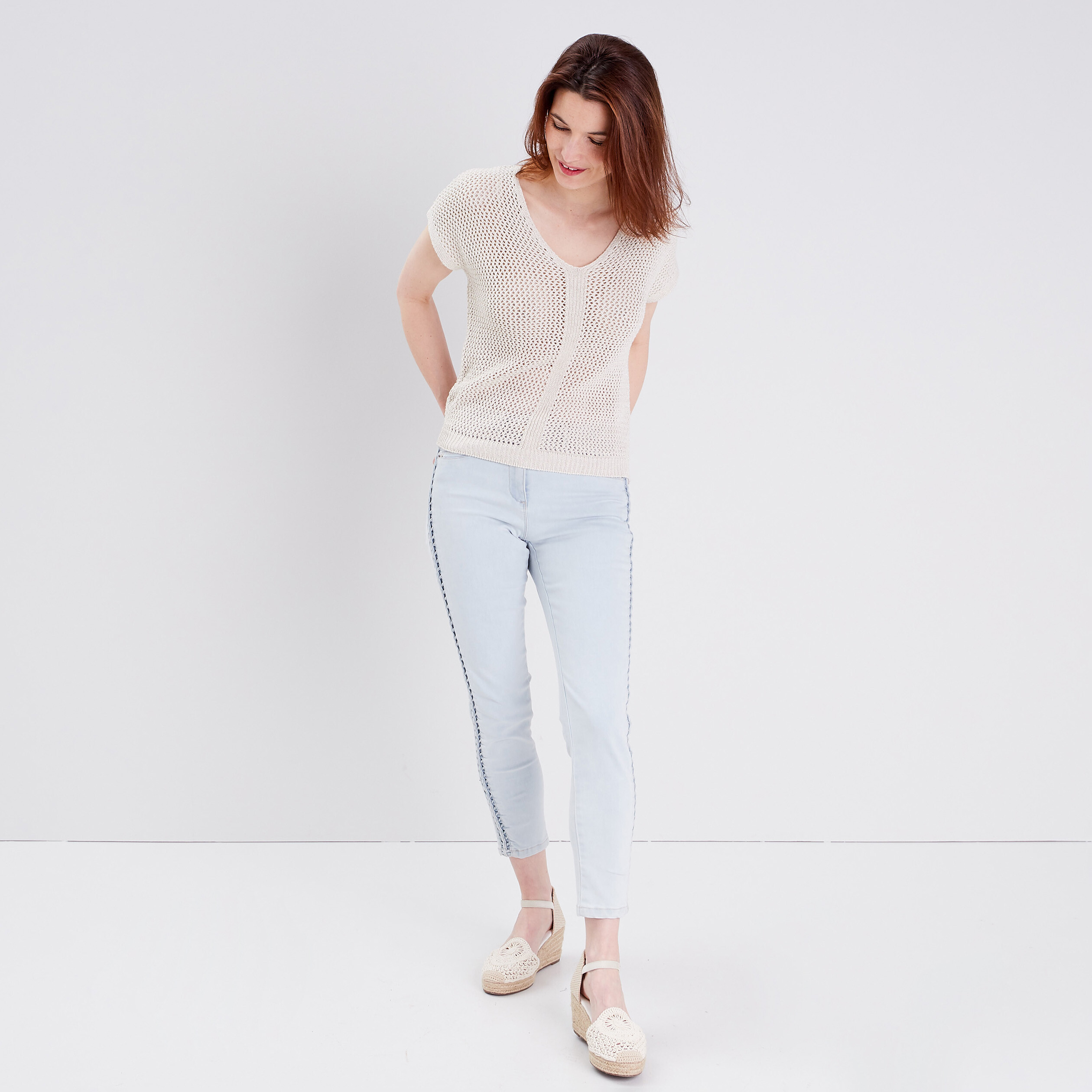 Pull manches courtes ajouré ecru femme