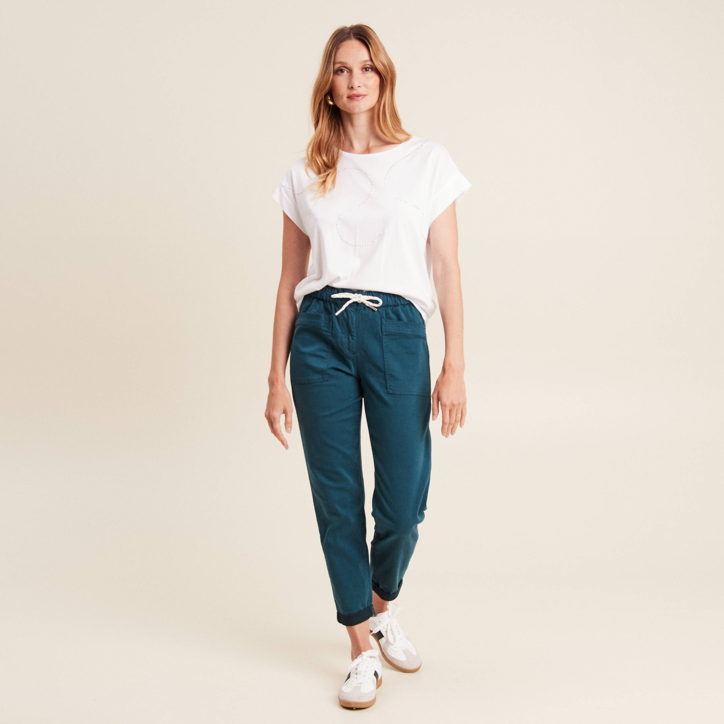 pantalon coupe droite a coulisse bleu canard femme Pantalon coupe droite à coulisse bleu canard femme