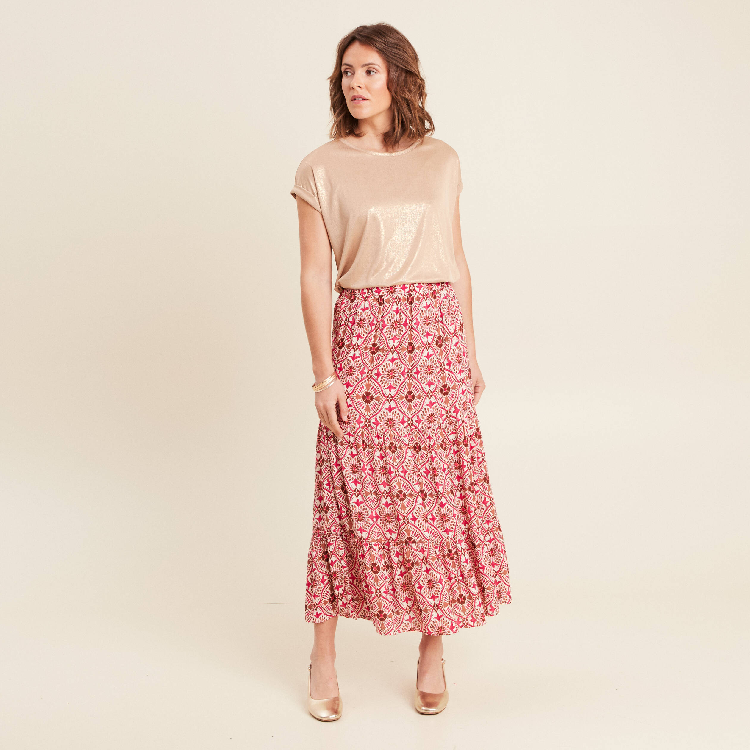 jupe midi droite fluide rose femme Jupe midi droite fluide rose femme