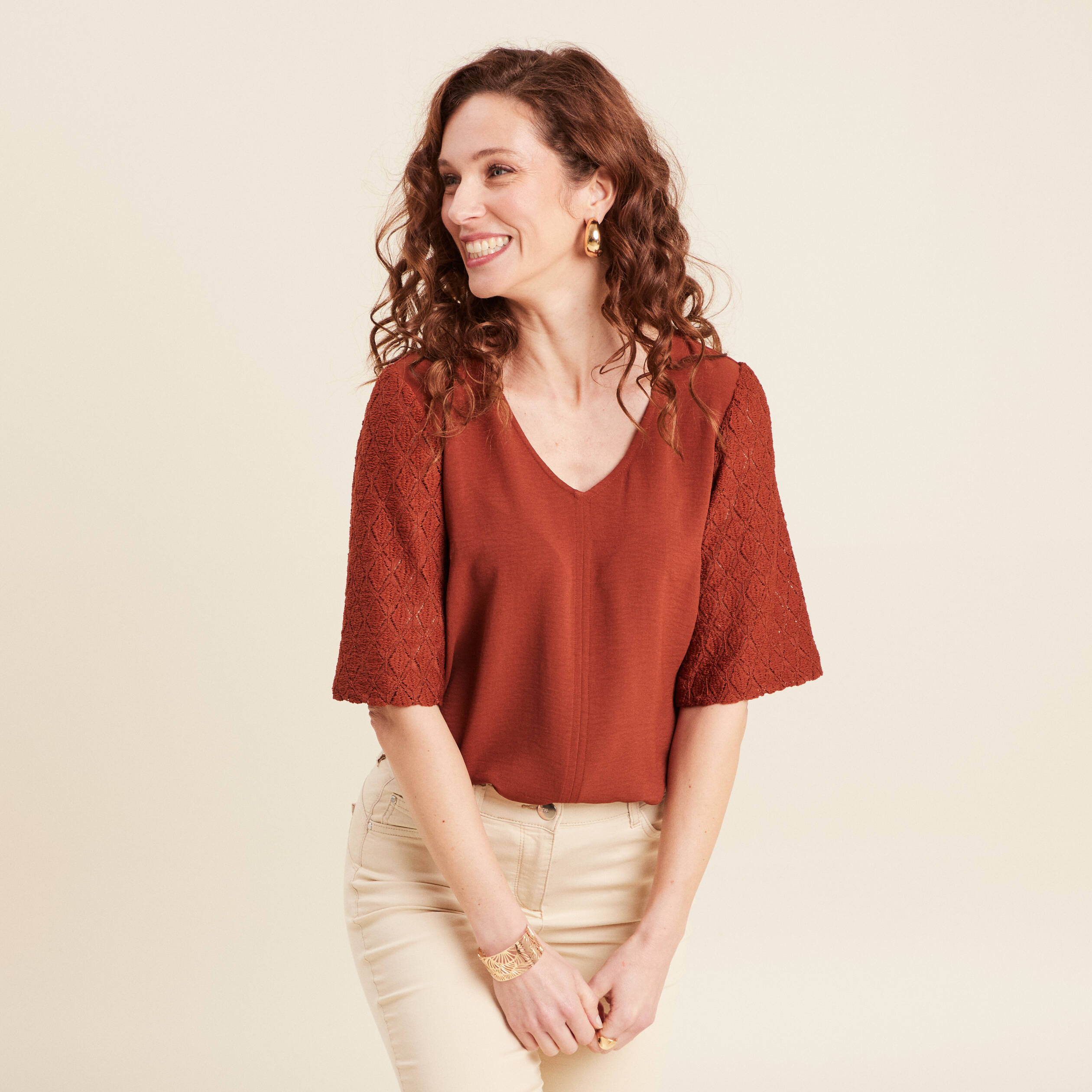 Blouse manches 3/4 marron foncé femme