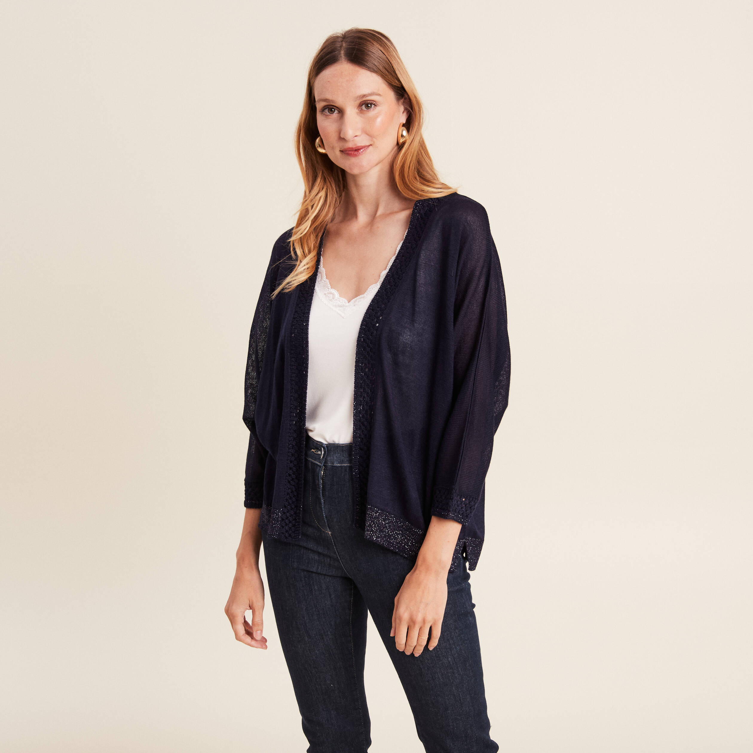 Gilet manches 3/4 bleu marine femme | Br?�al