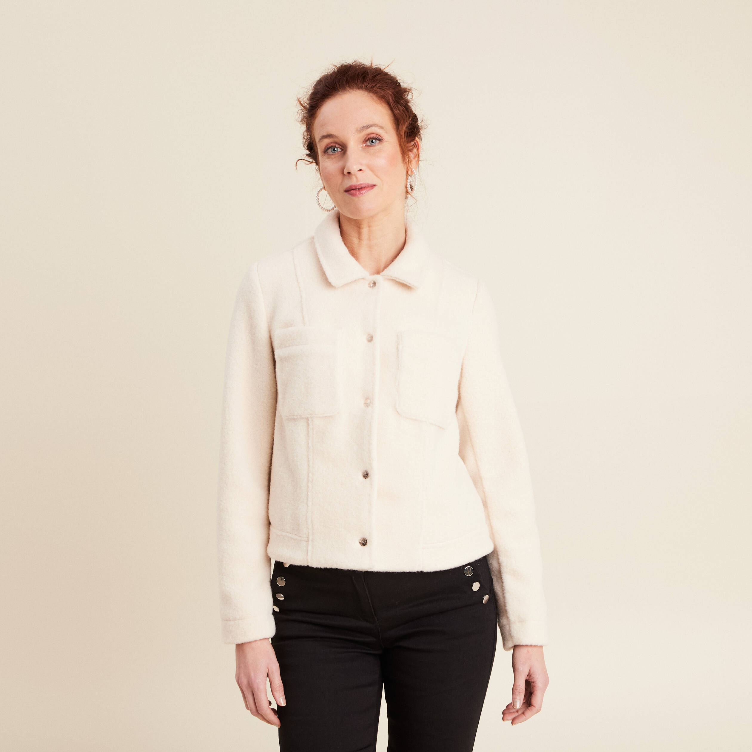 Veste droite bouclette ivoire femme