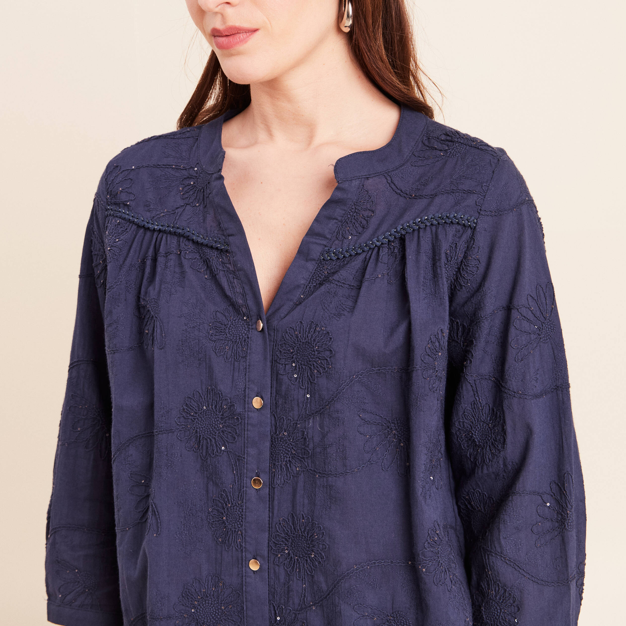 Blouse col tunisien manches 3/4 bleu marine femme