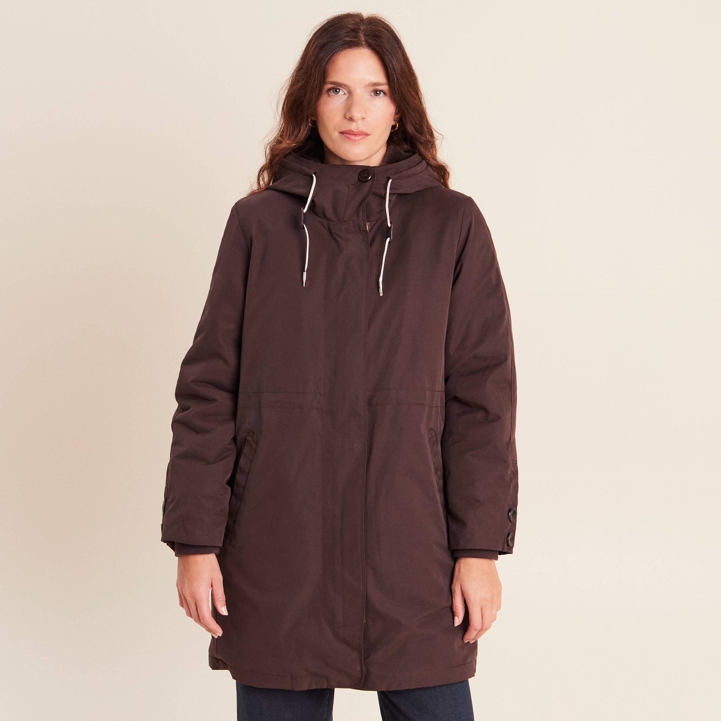 Parka &agrave; capuche taille ajustable marron fonc&eacute; femme