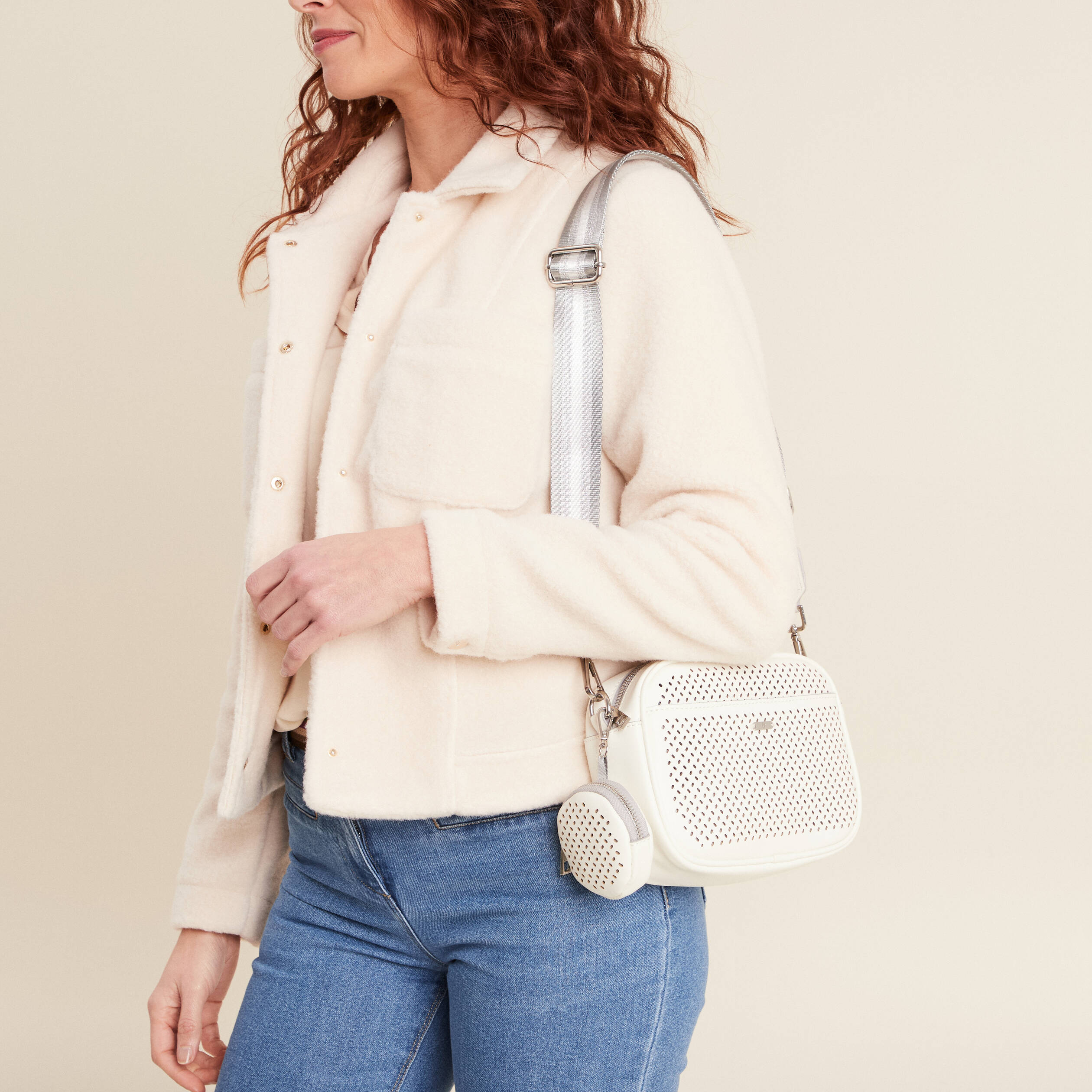 Sac perforé avec pochette ecru femme