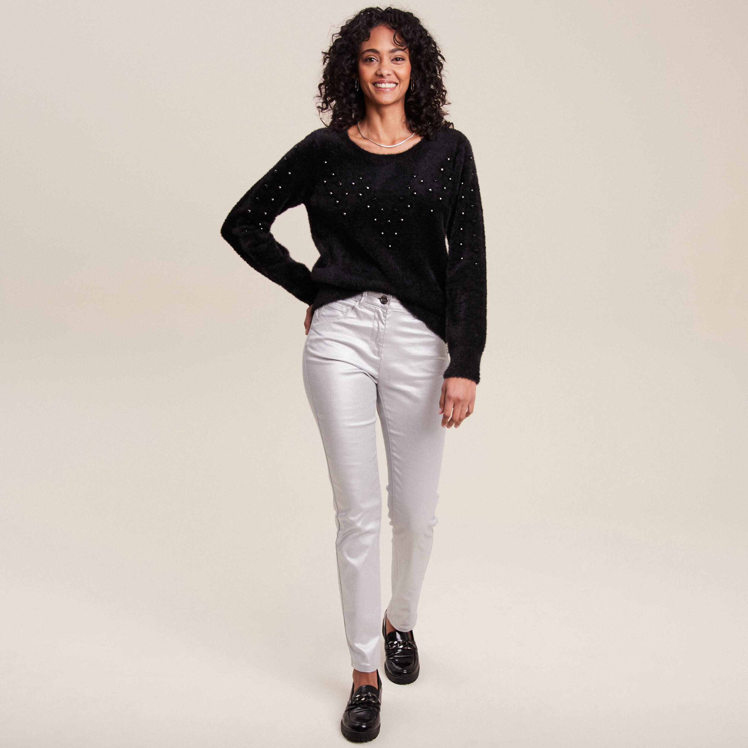 Pull manches longues strass noir femme Bréal