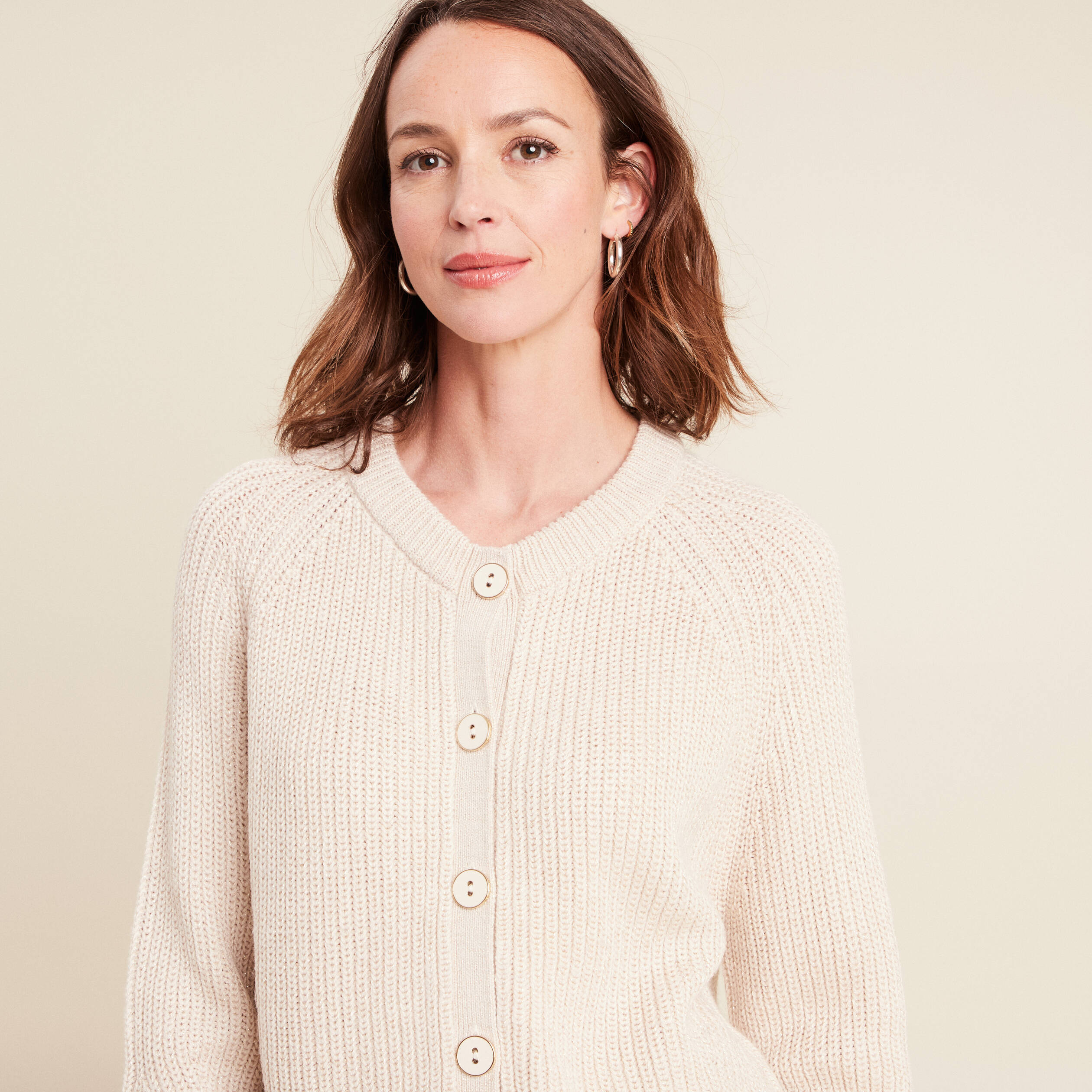 gilet droit mi long col rond creme femme Gilet droit mi-long col rond creme femme
