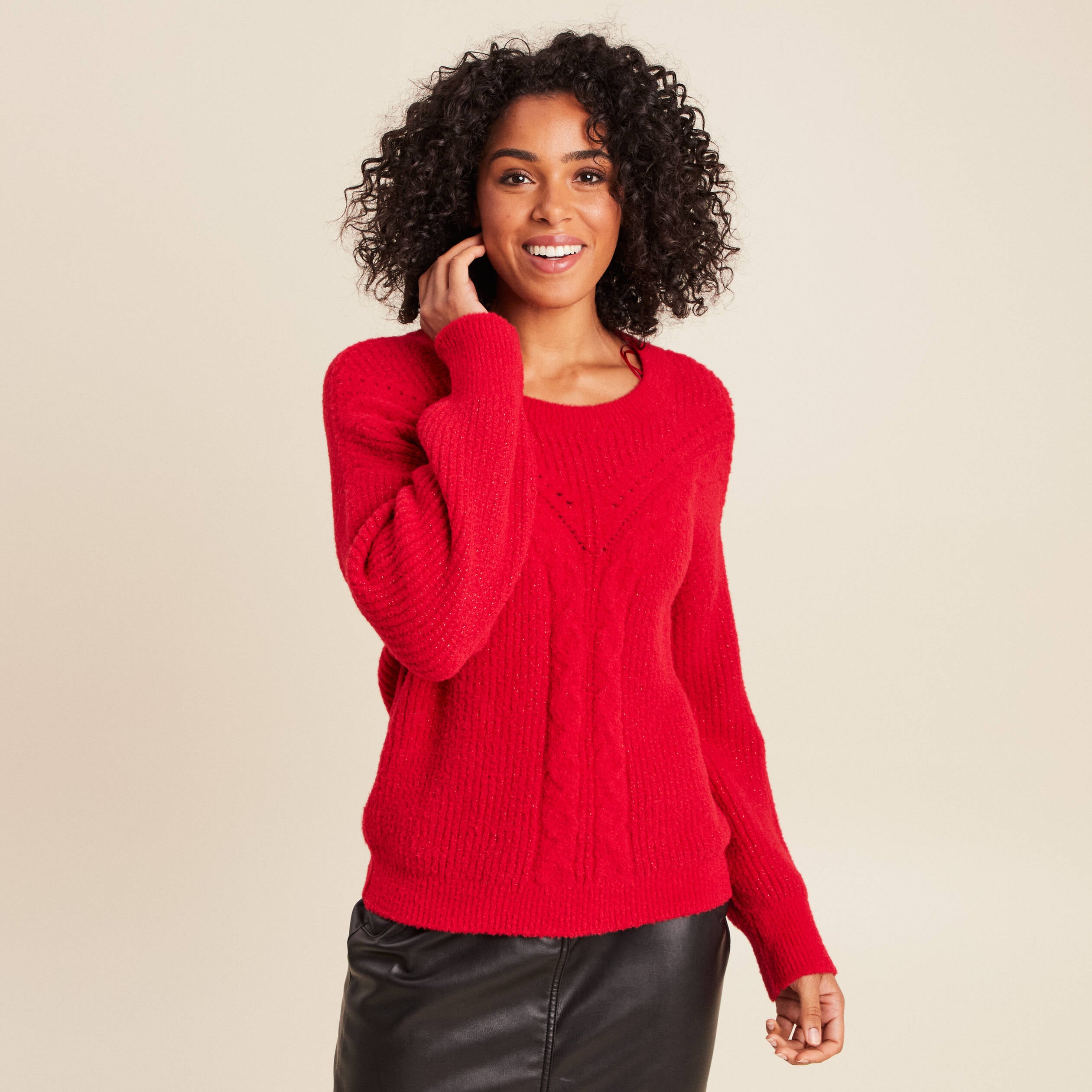 Pull col rond manches longues rouge femme