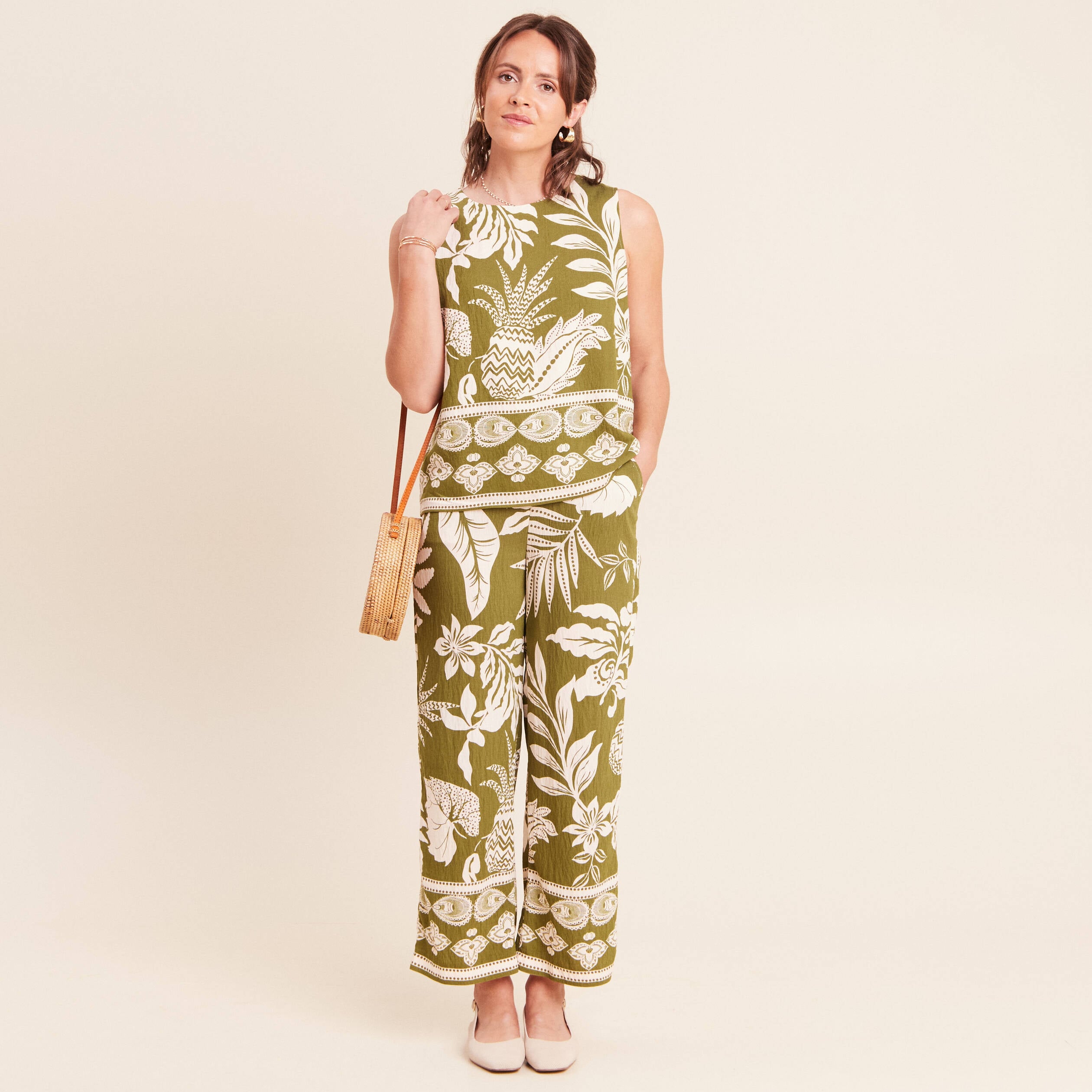 Blouse droite courte sans manches vert kaki femme