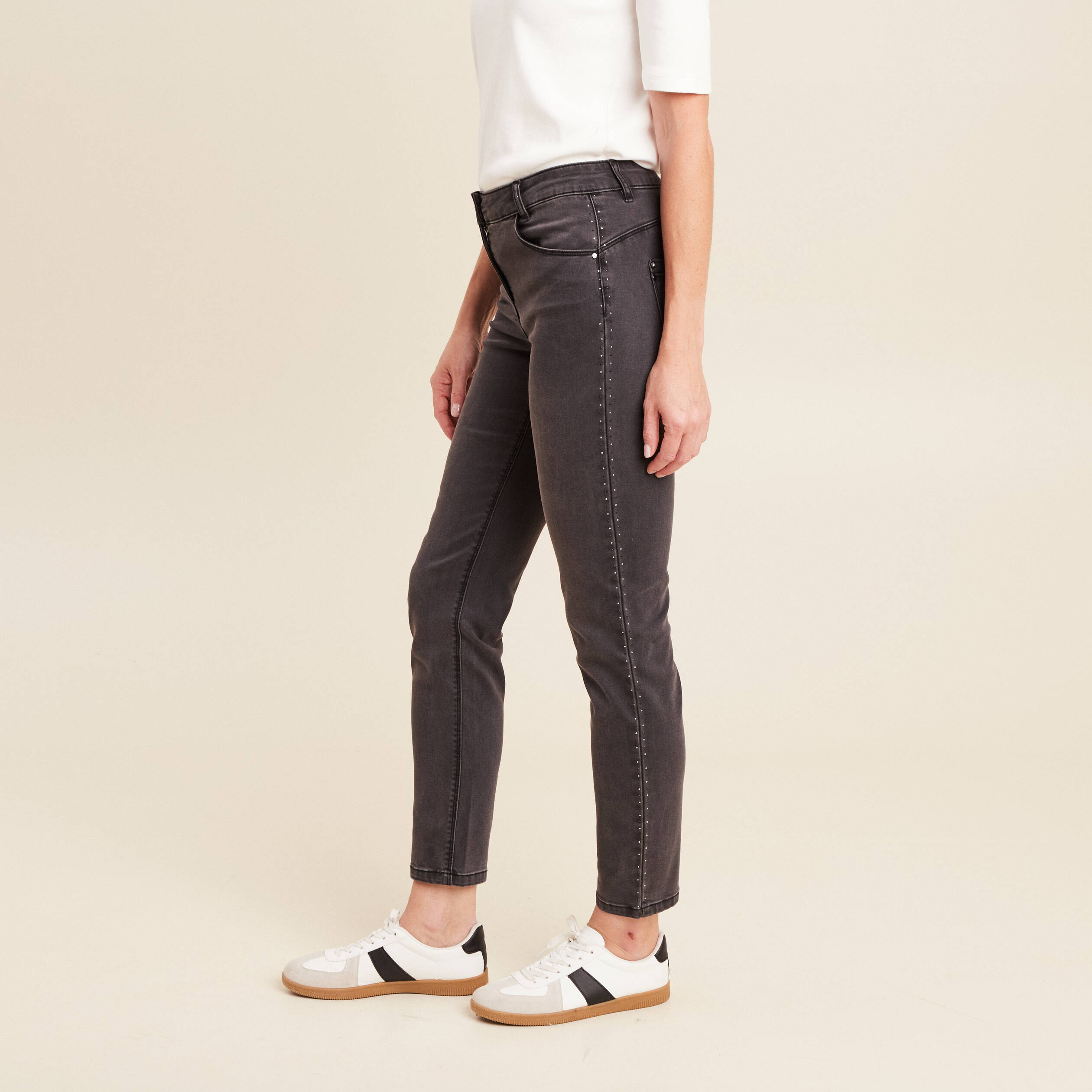 Jean ajusté taille basculée denim gris femme
