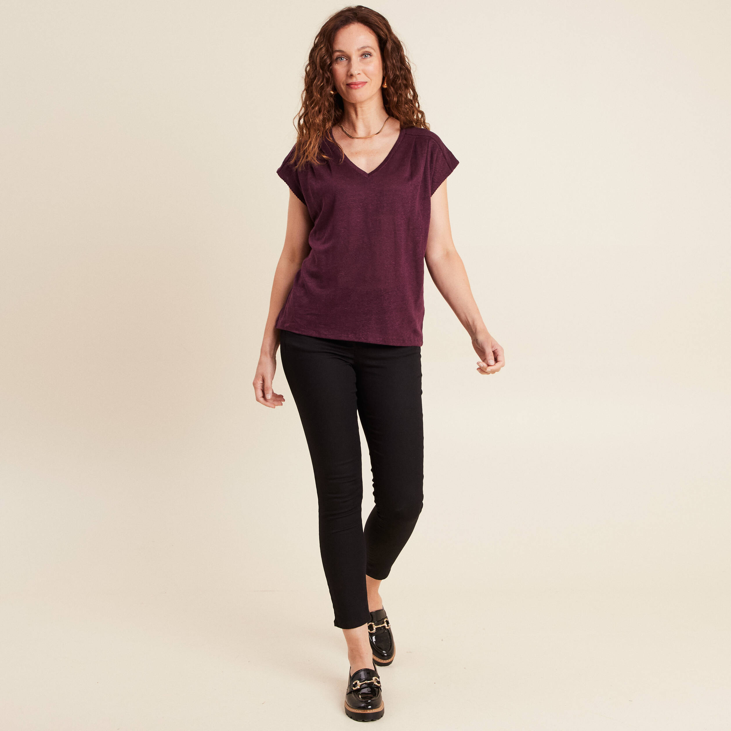 top col v manches courtes en lin prune femme Top col v manches courtes en lin prune femme