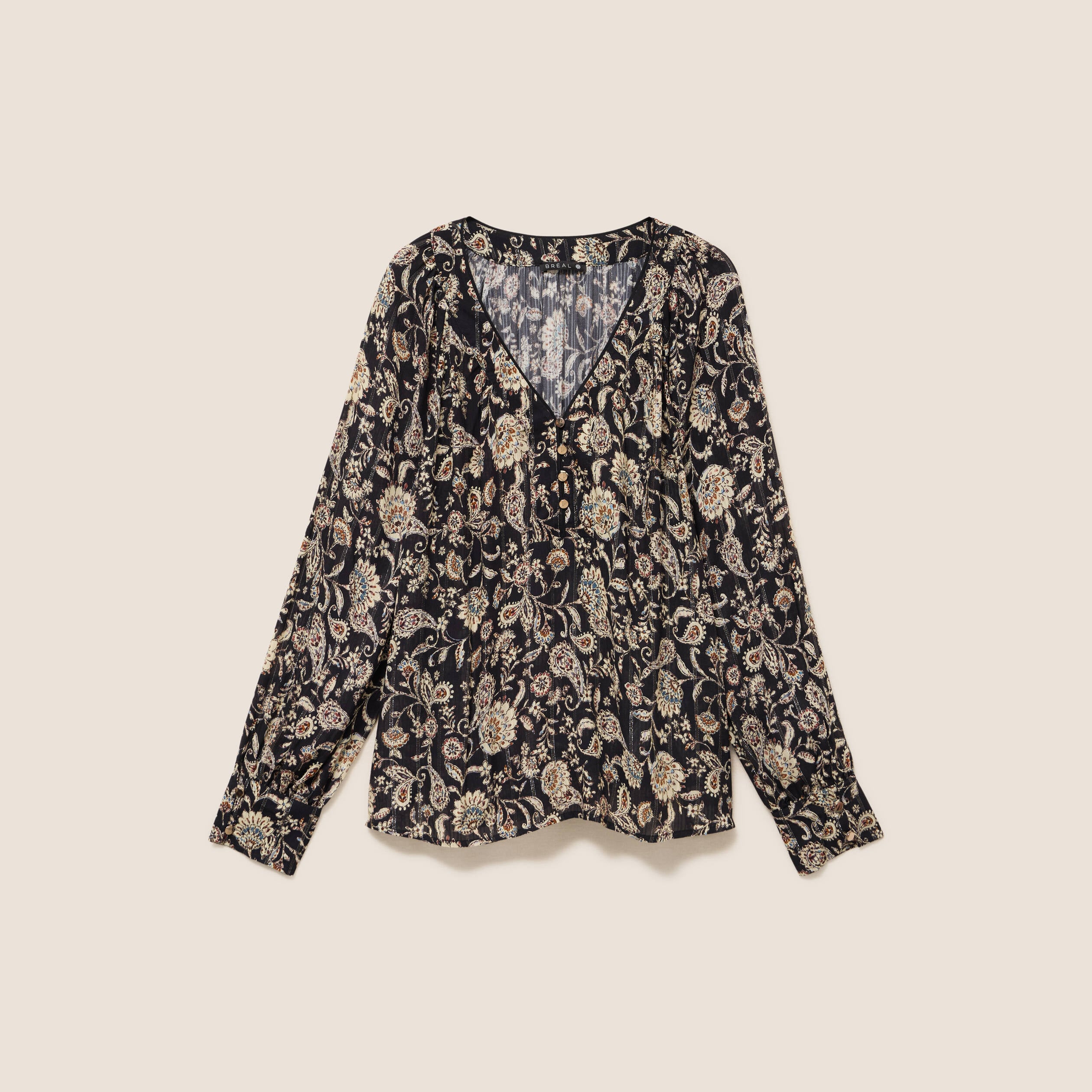 Blouse ample col v manches longues noir femme