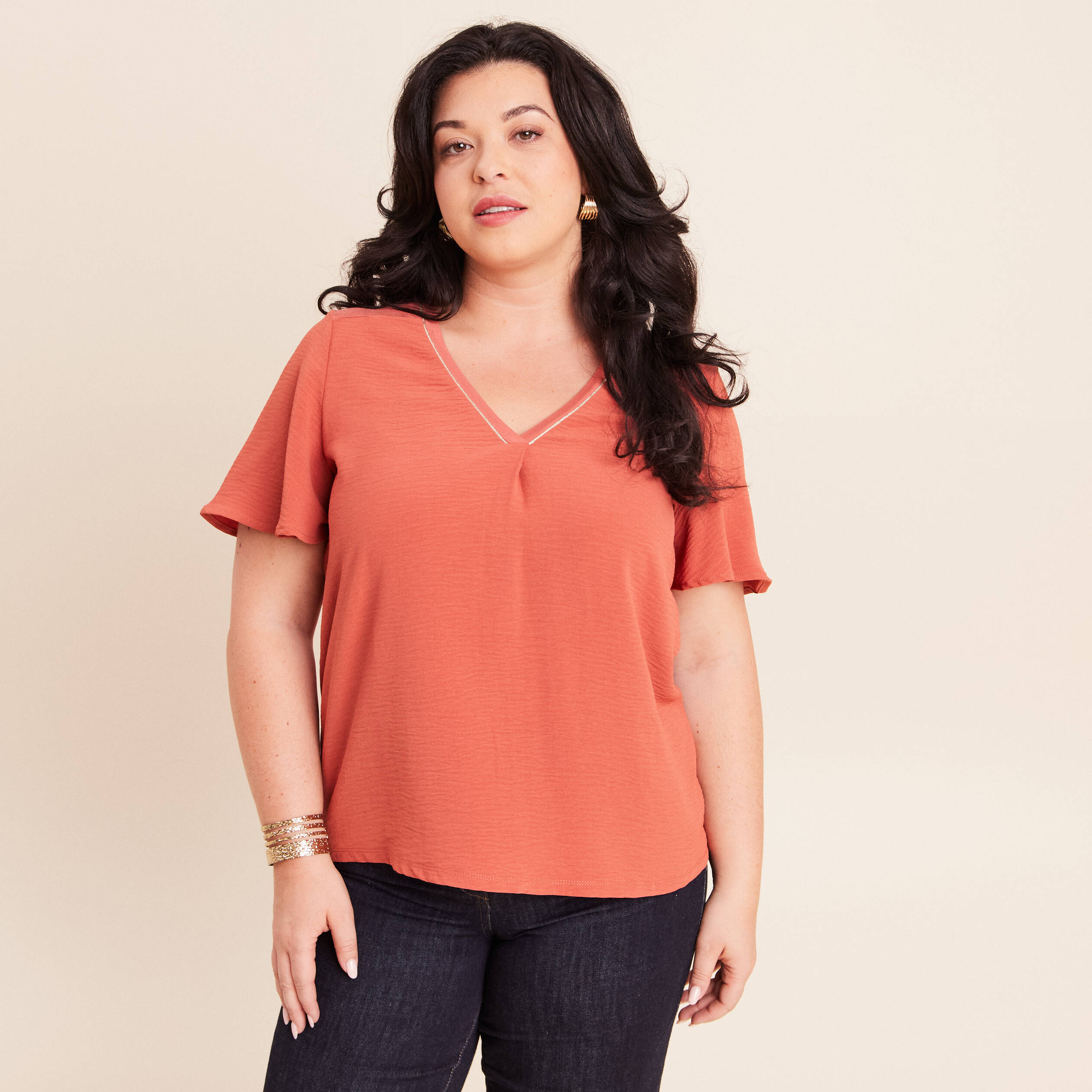 T-shirt bi-mati&egrave;re manches courtes vieux rose femme