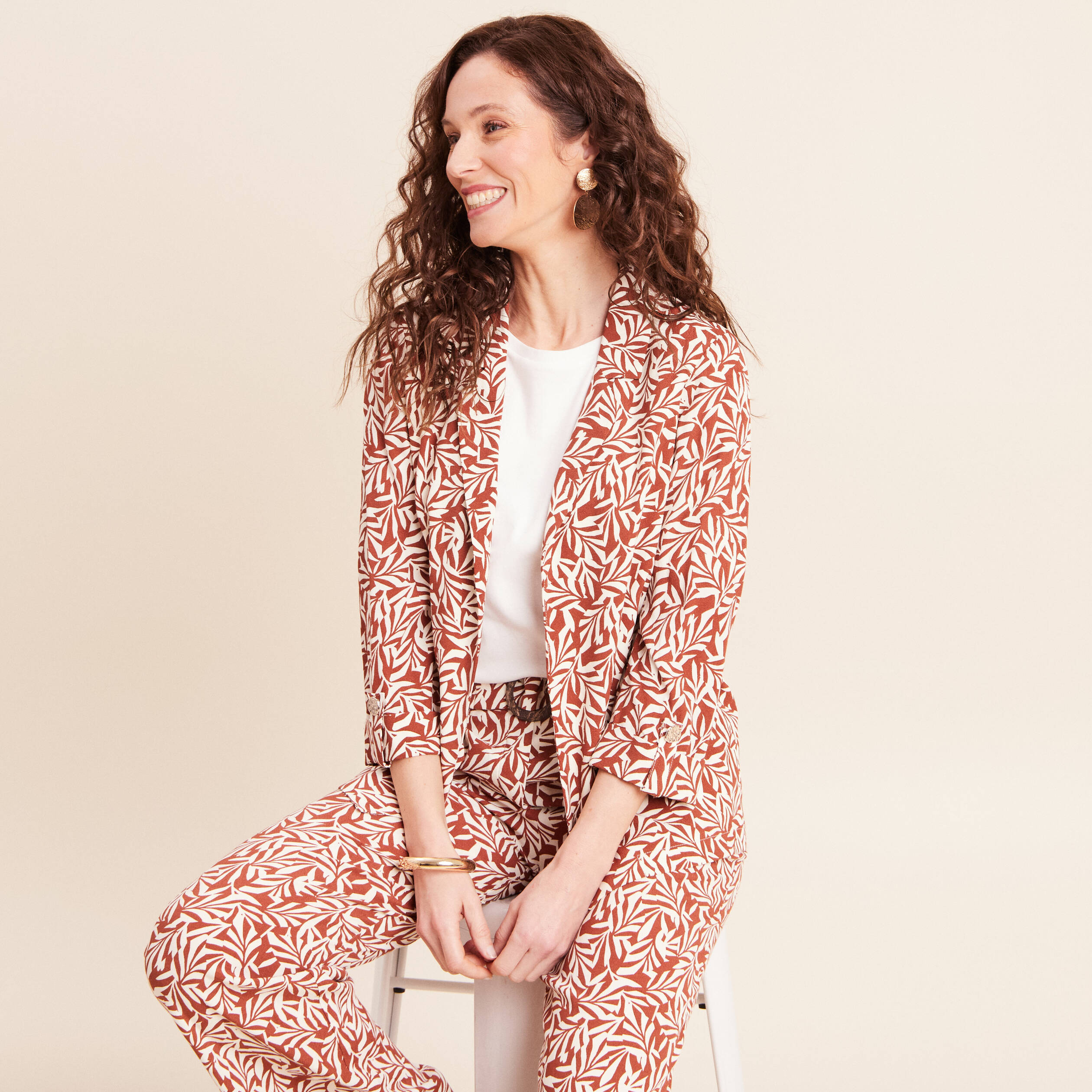 Veste longue droite col tailleur orange femme