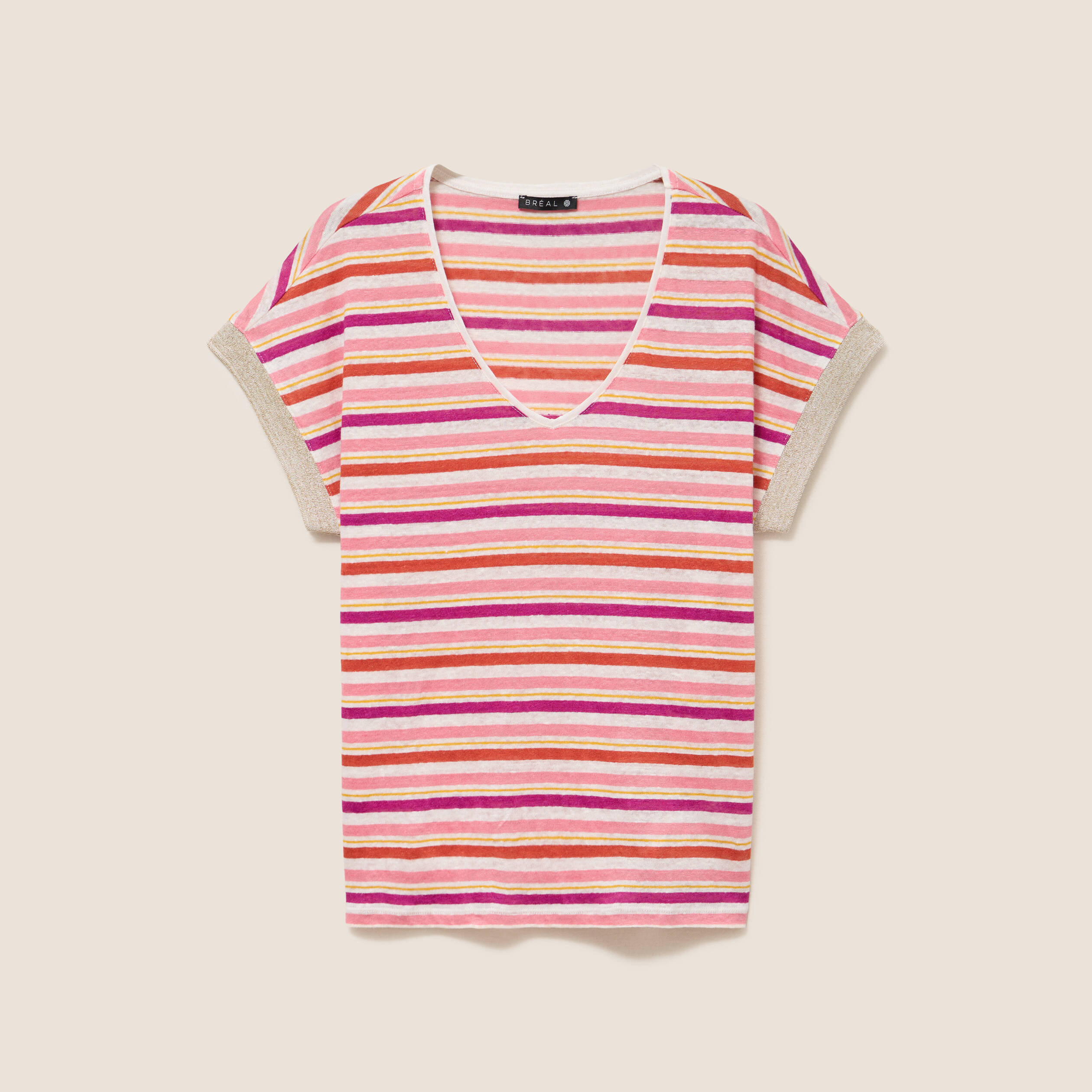 T-shirt droit col v manches courtes orange femme