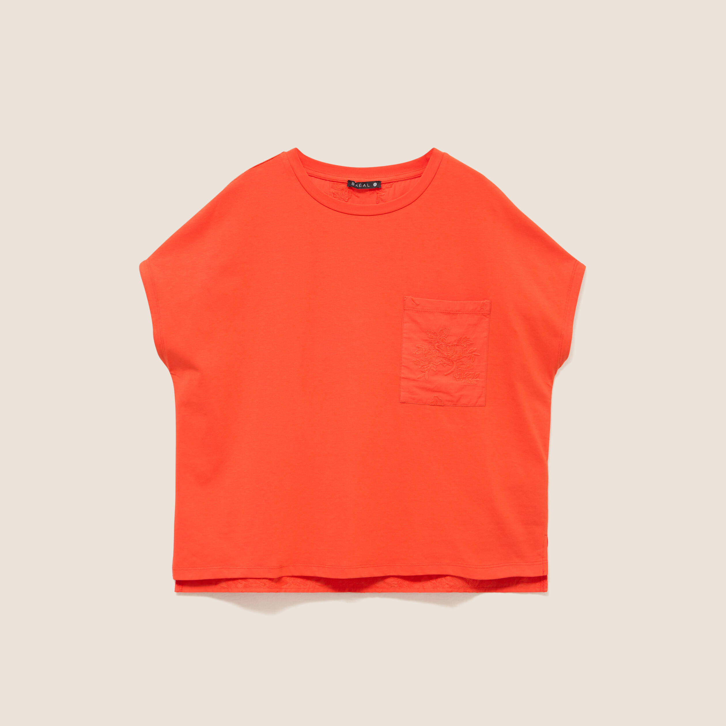T-shirt col rond manches courtes poches orange fonc&eacute; femme