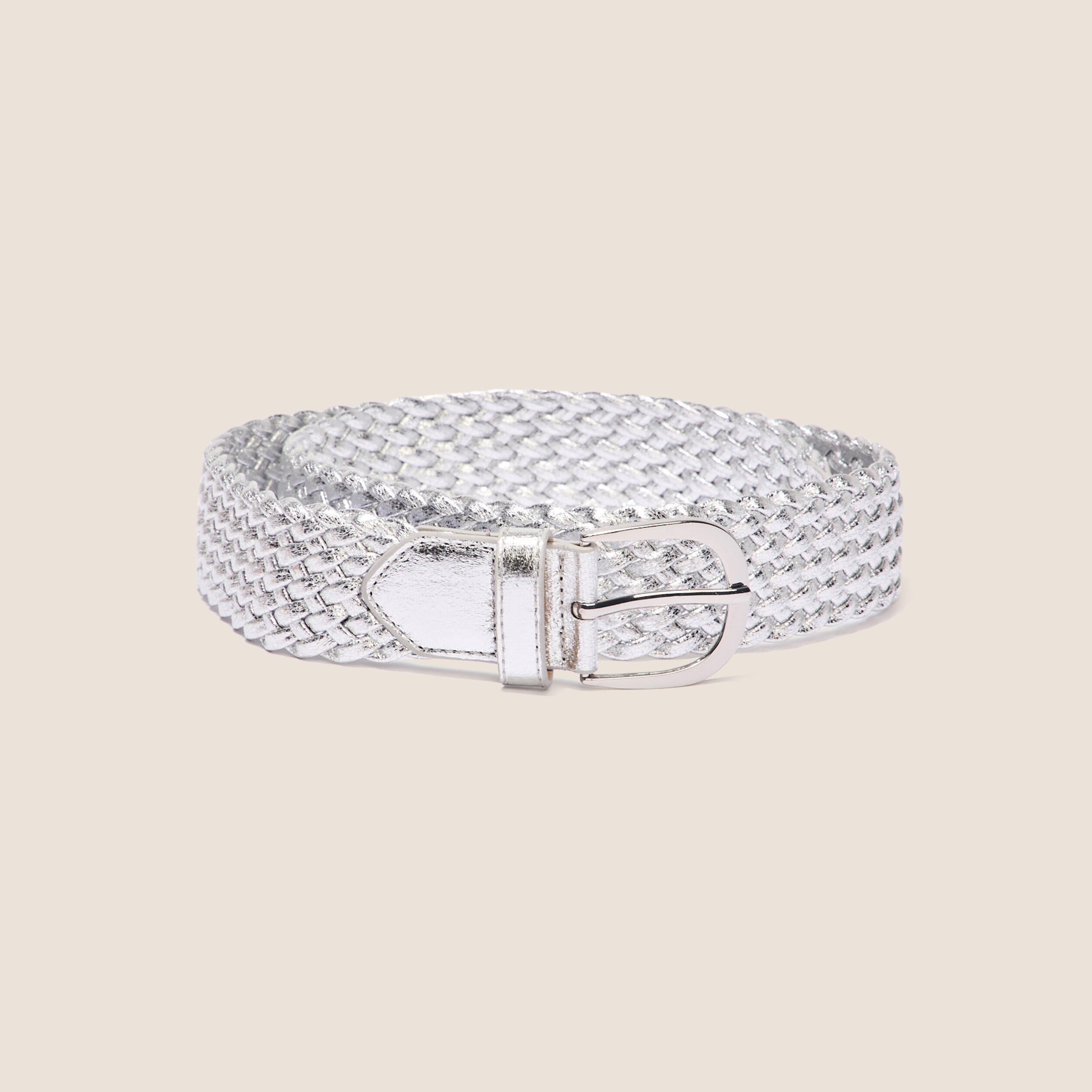 Ceinture tressée métalissée gris clair femme