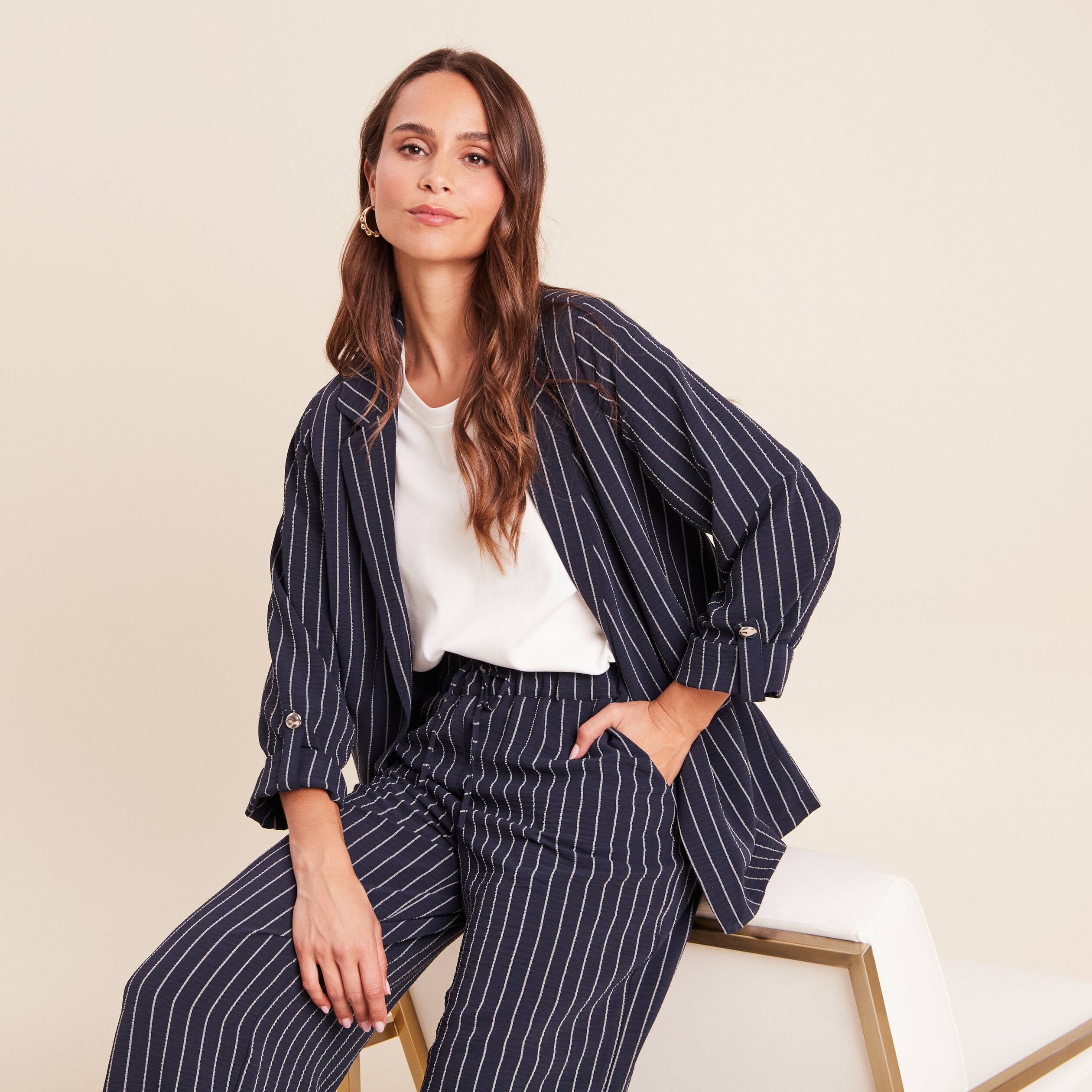 Veste droite longue manches 3/4 doubl&eacute;e bleu fonc&eacute; femme
