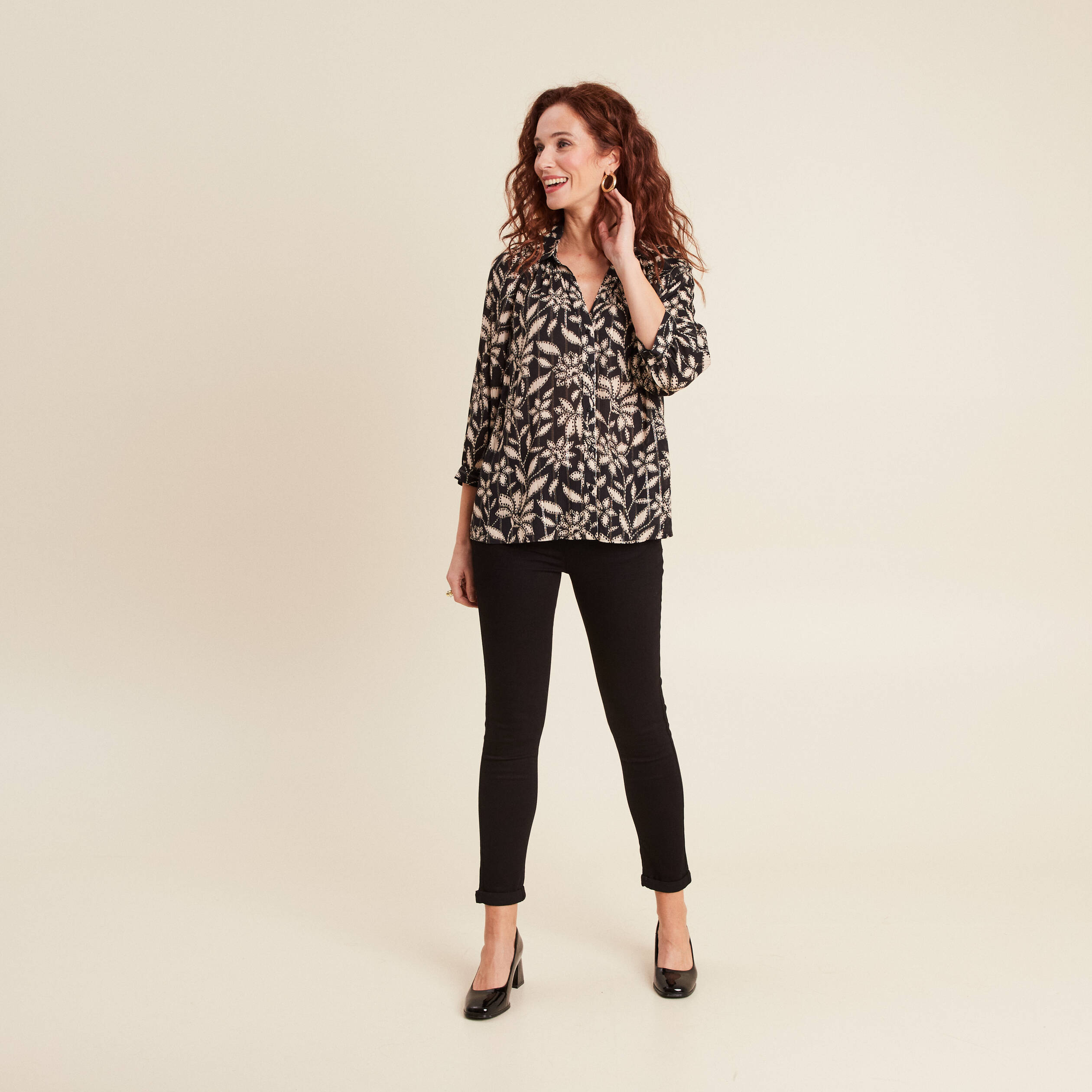 Chemise manches 3/4 noir femme
