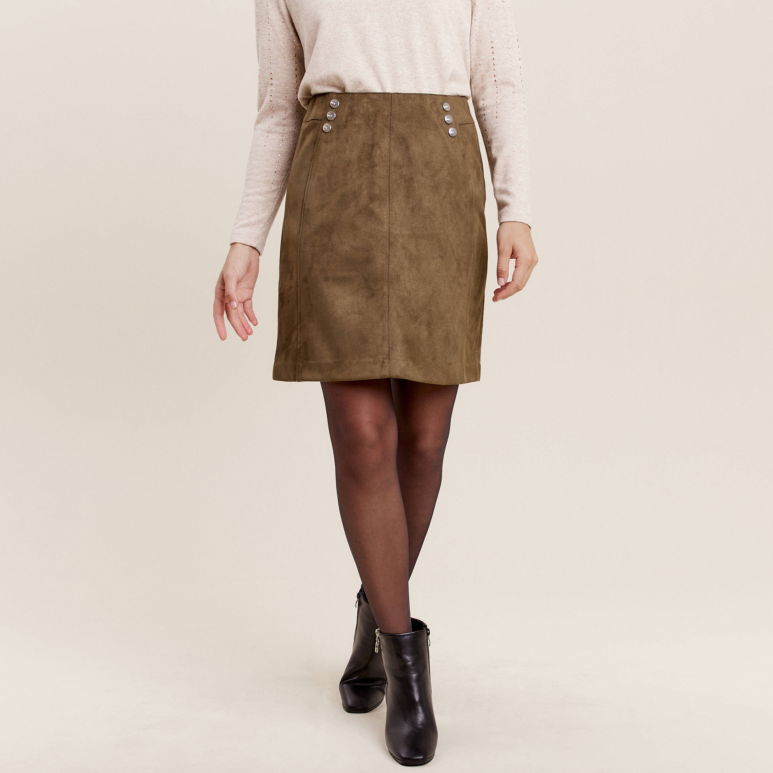 Jupe droite suédine vert olive femme