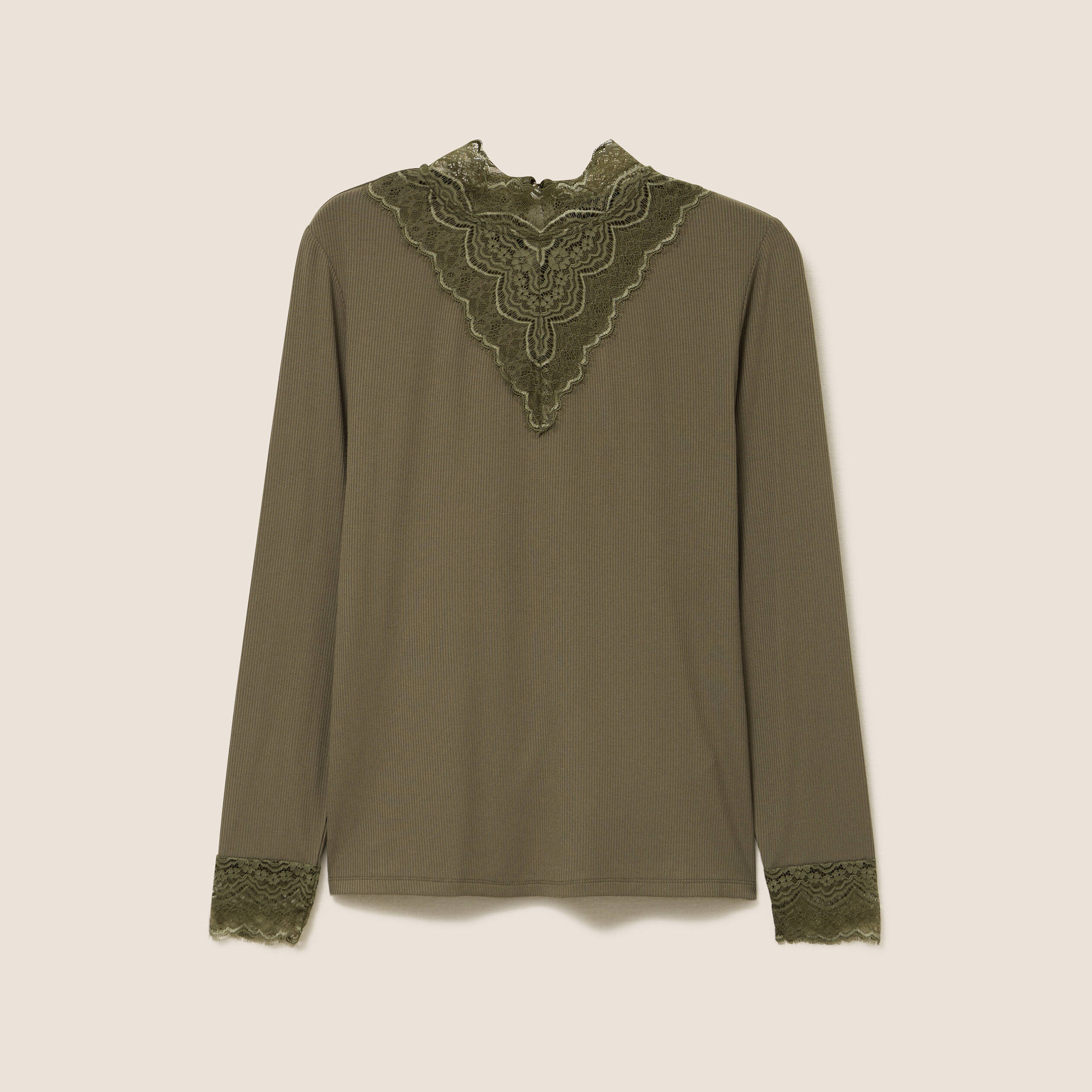 T-shirt cintr&eacute; col montant dentelle vert kaki femme
