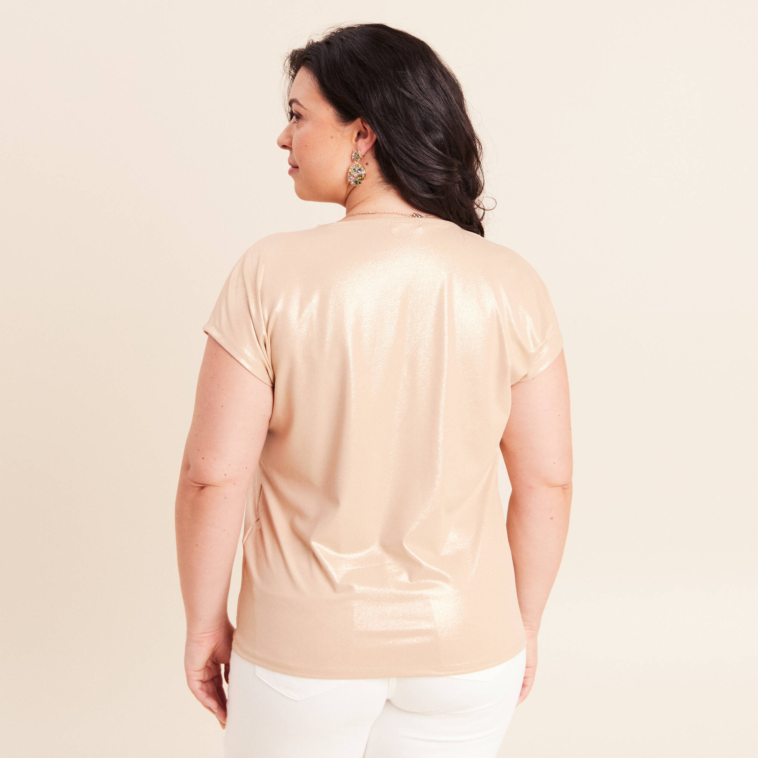 T-shirt col V manches courtes beige femme