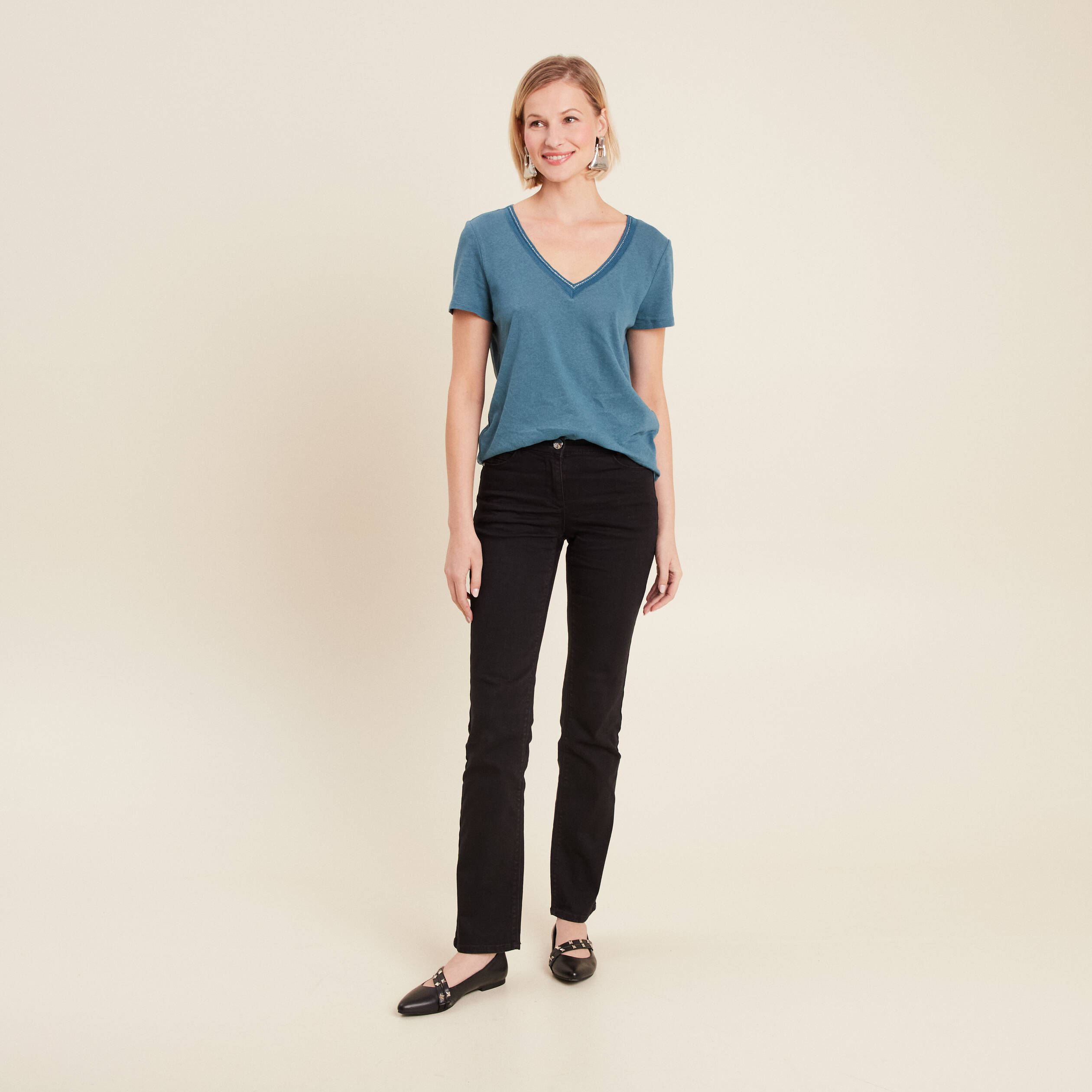 T-shirt manches courtes col en V bleu pétrole femme