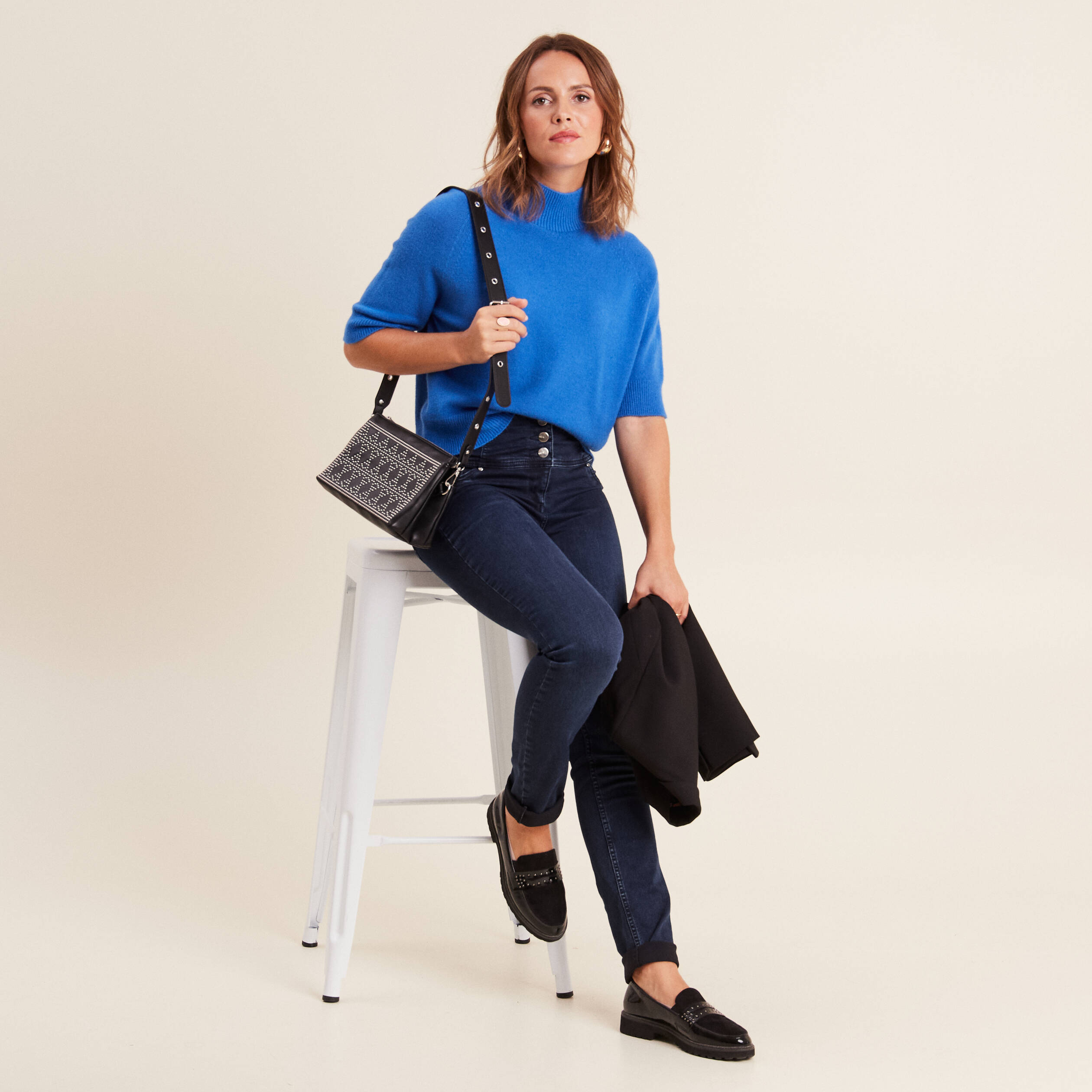 Pull manches 3/4 bleu femme