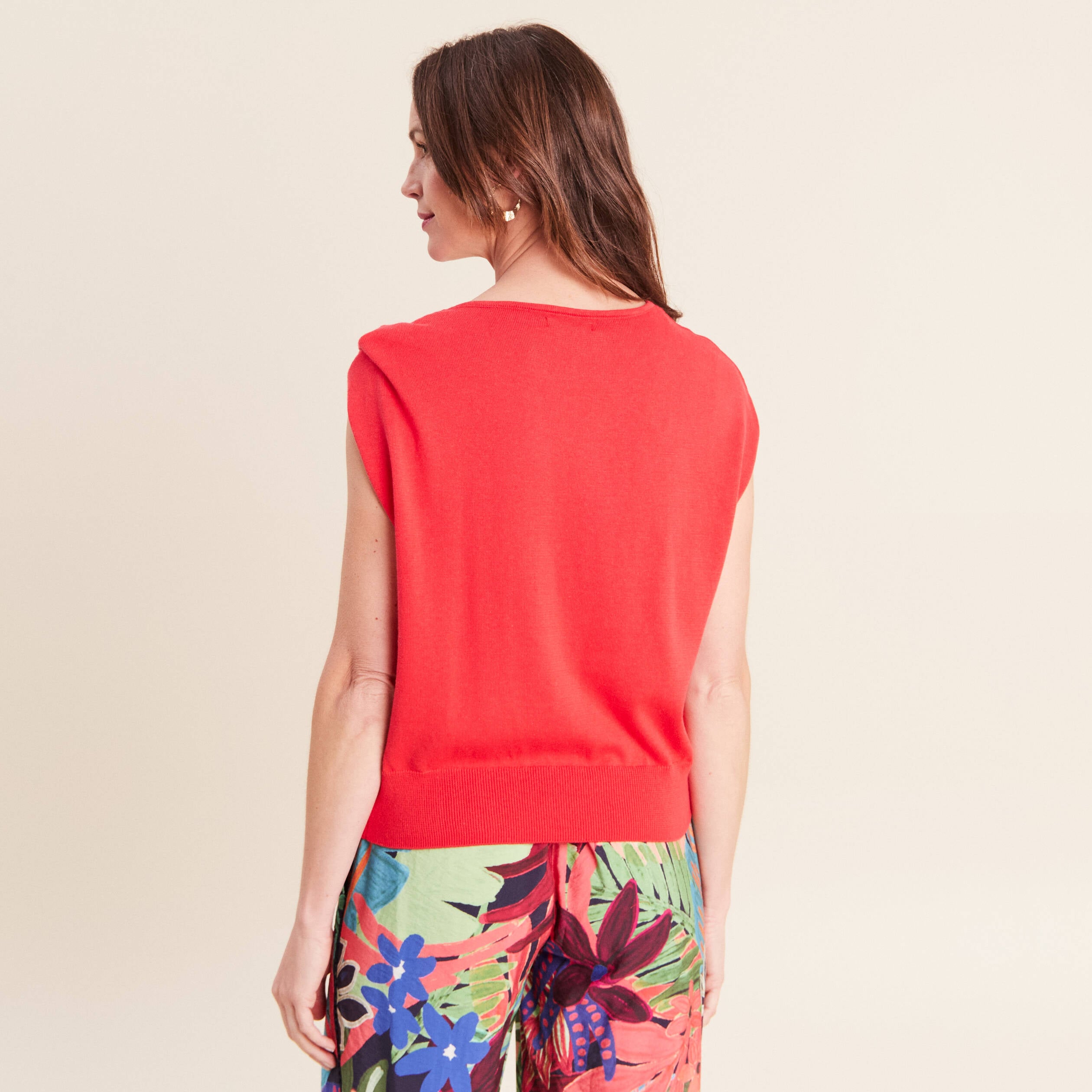 Pull sans manches col rond rouge femme