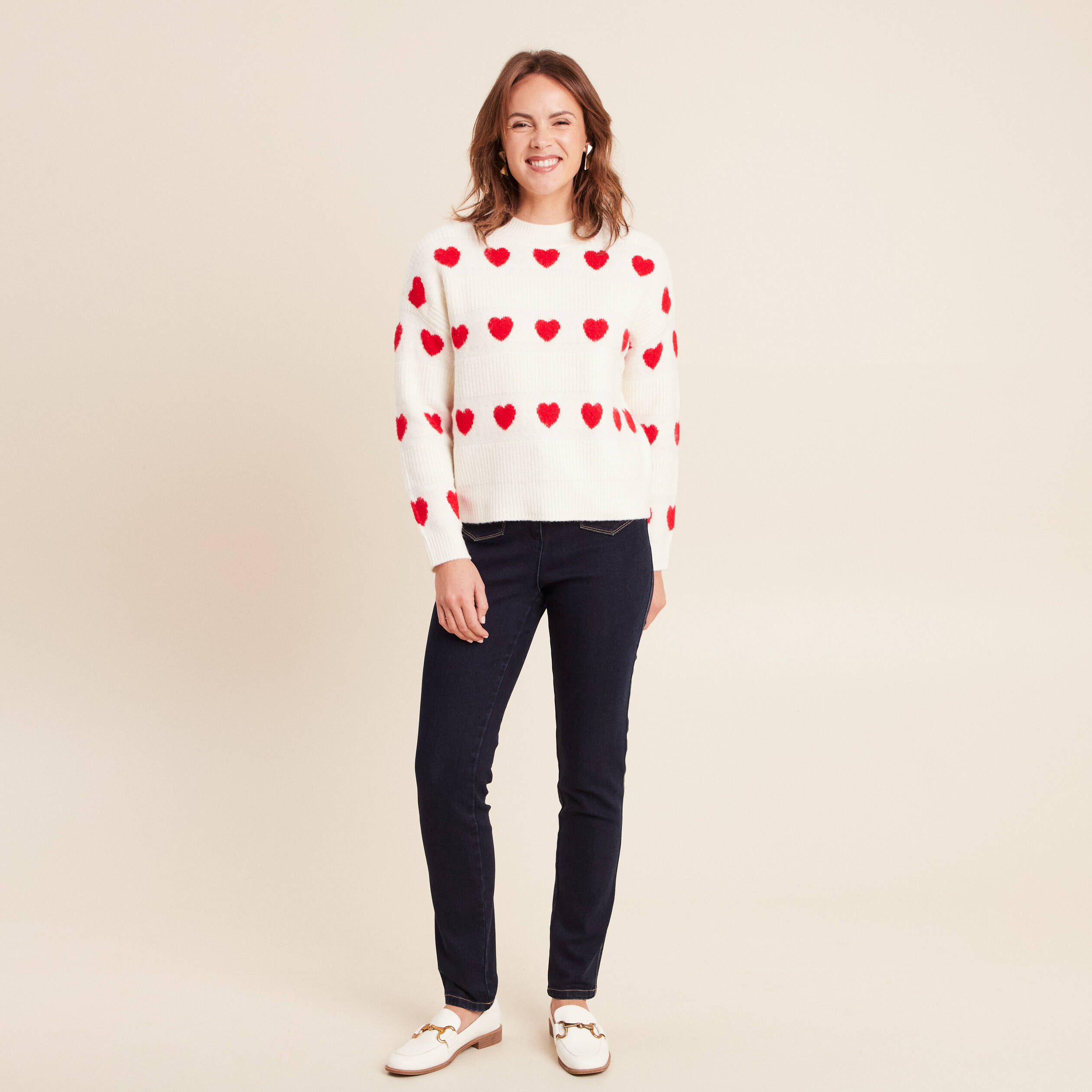 Pull col rond manches longues rouge femme