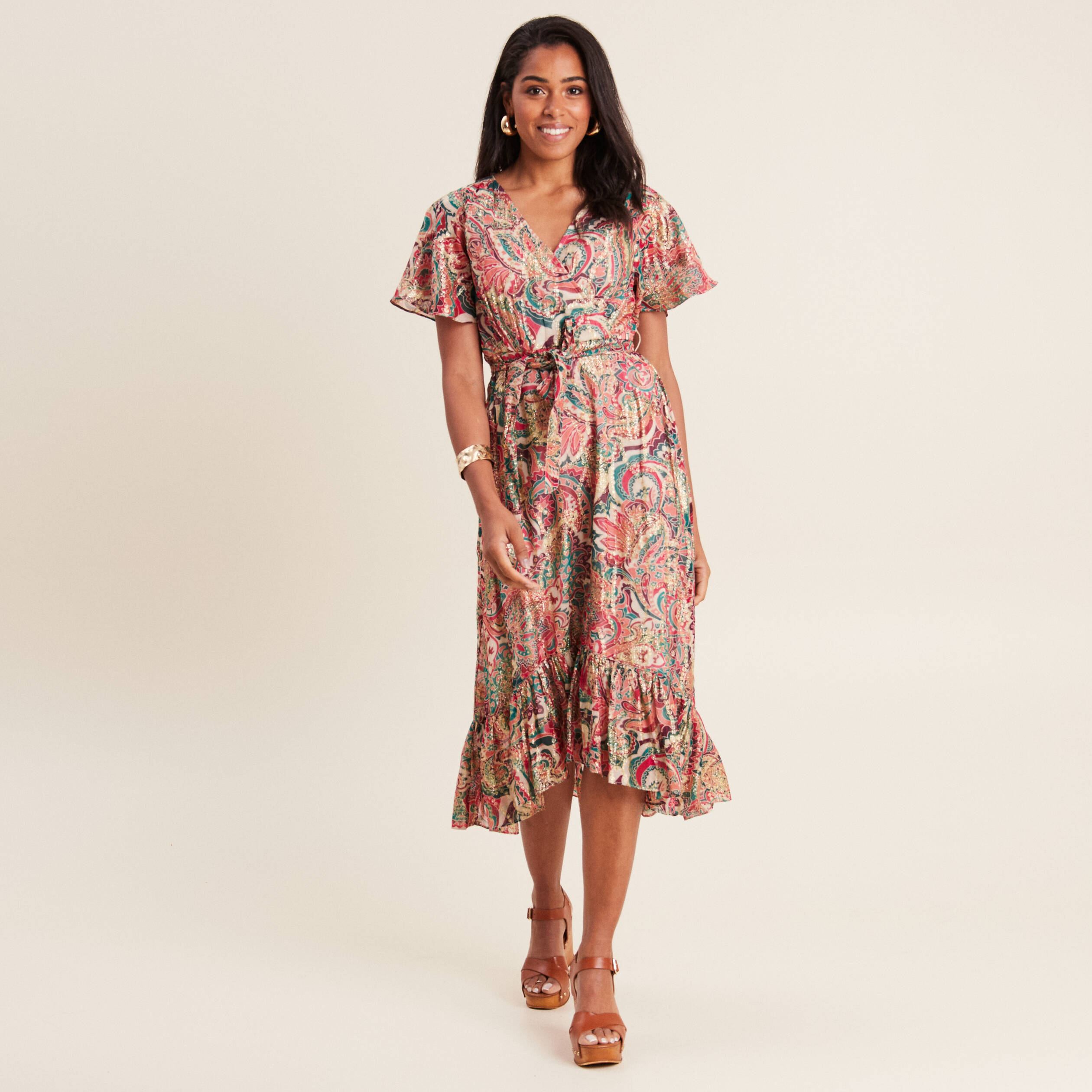 Robe longue évasée fluide rose femme