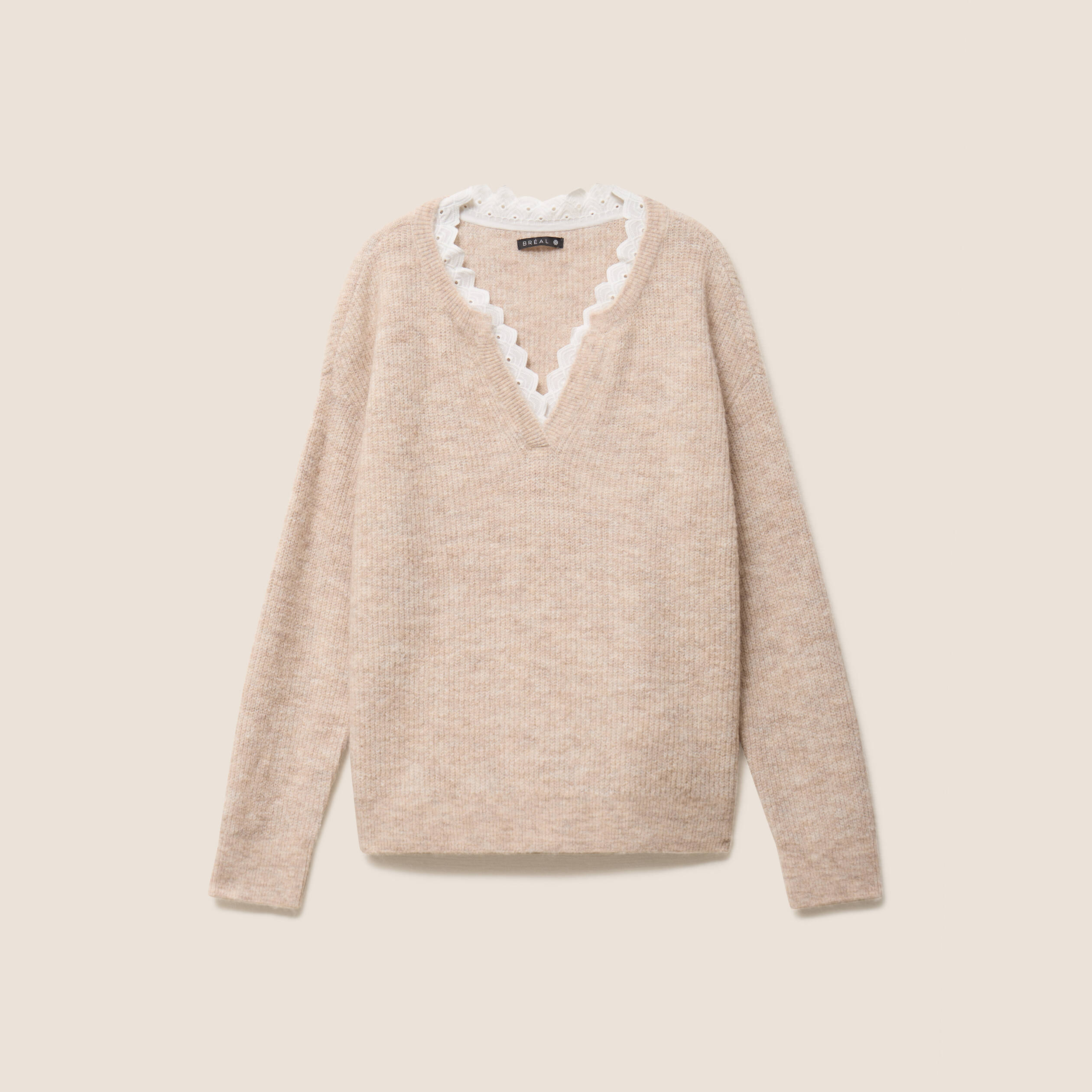 Pull col v beige femme