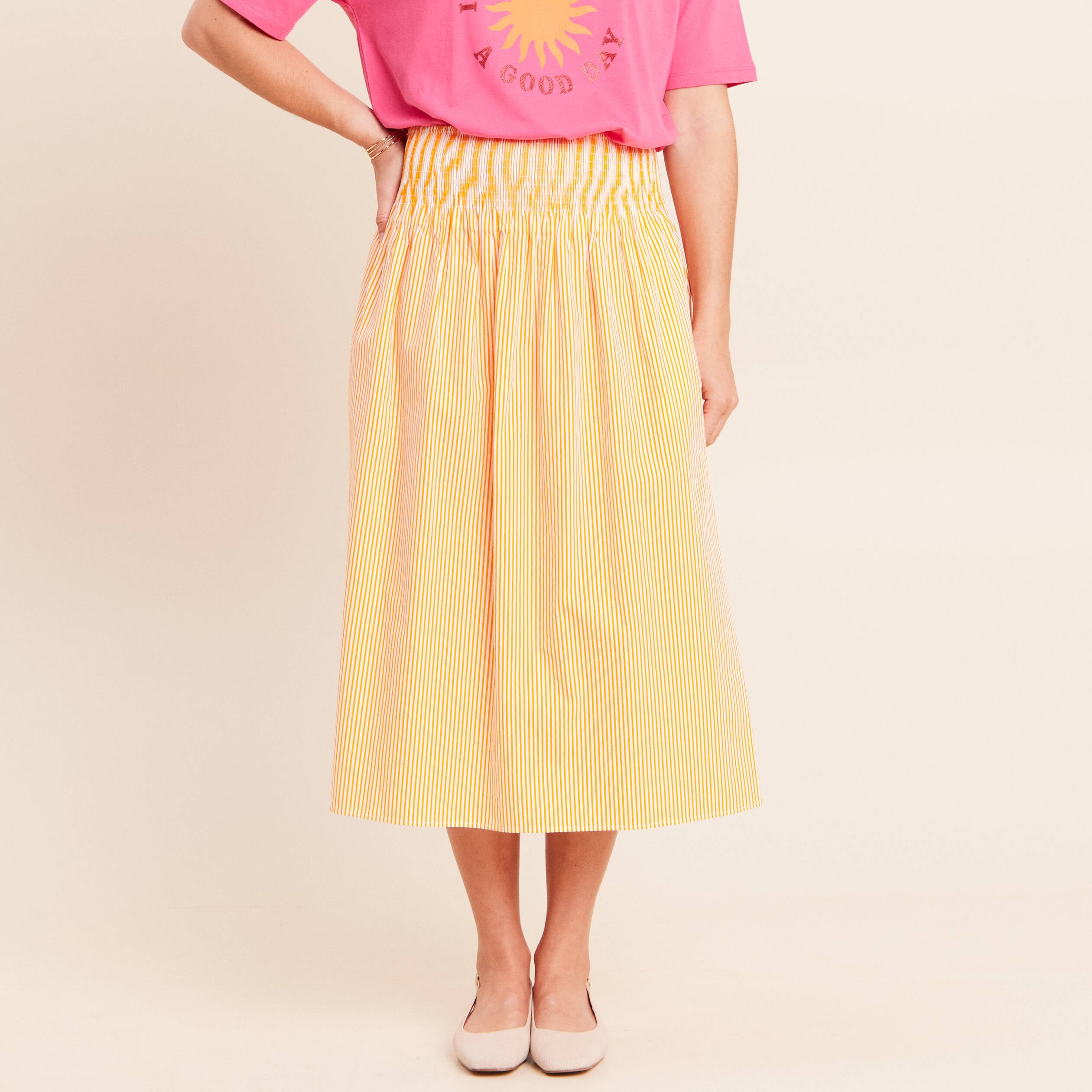 Jupe longue pliss&eacute;e orange femme