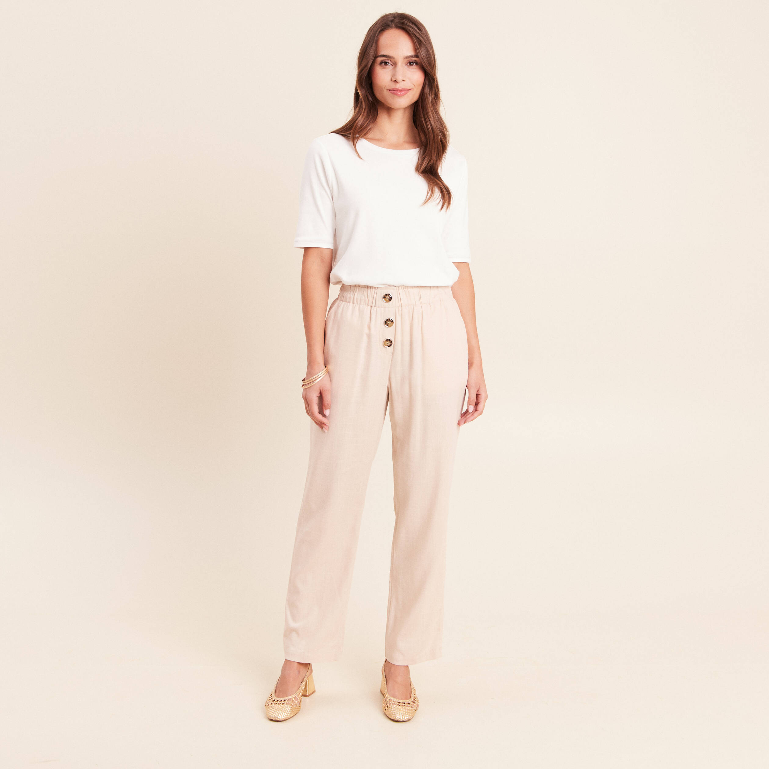 Pantalon large taille haute ivoire femme