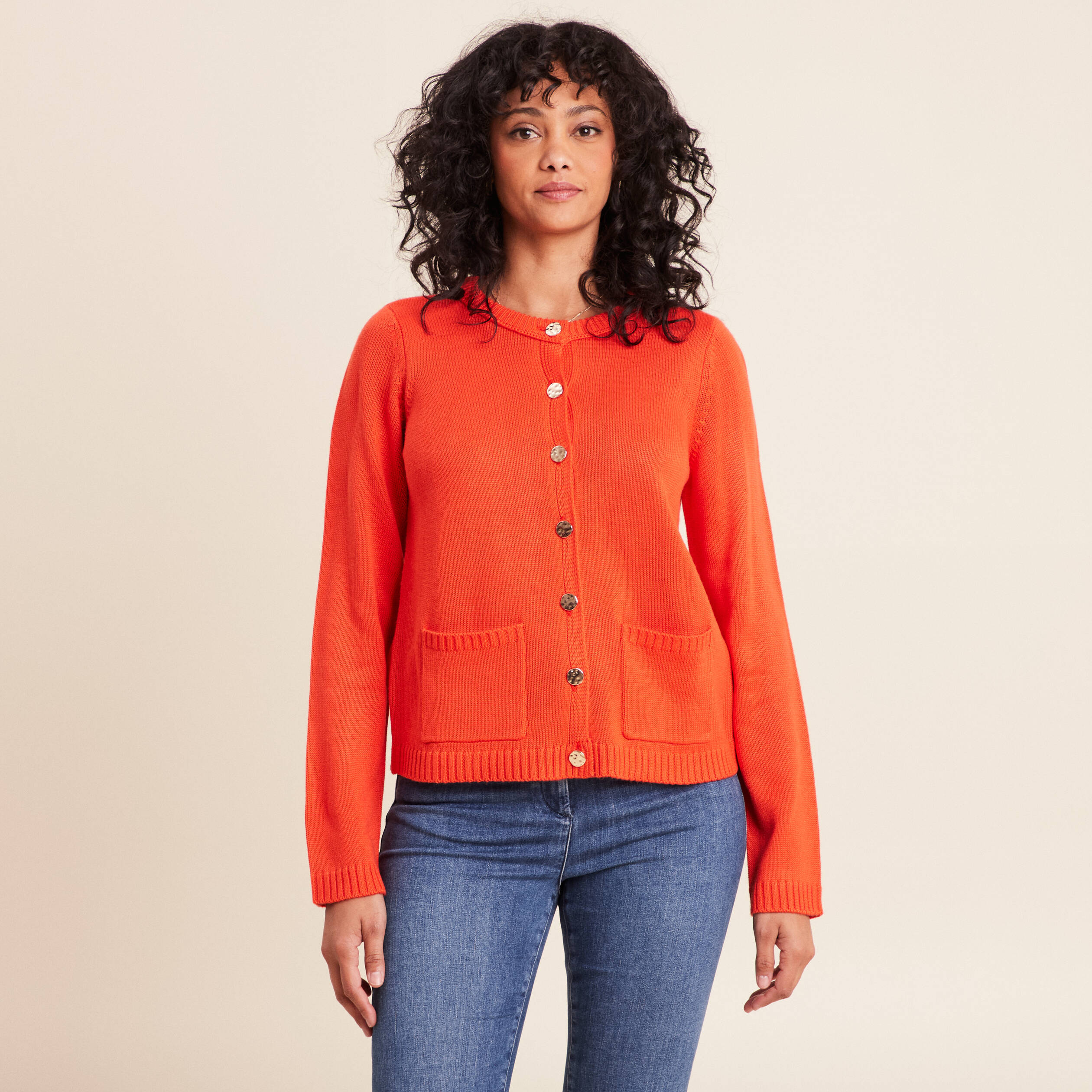 Gilet droit long &agrave; manches longues orange fonc&eacute; femme